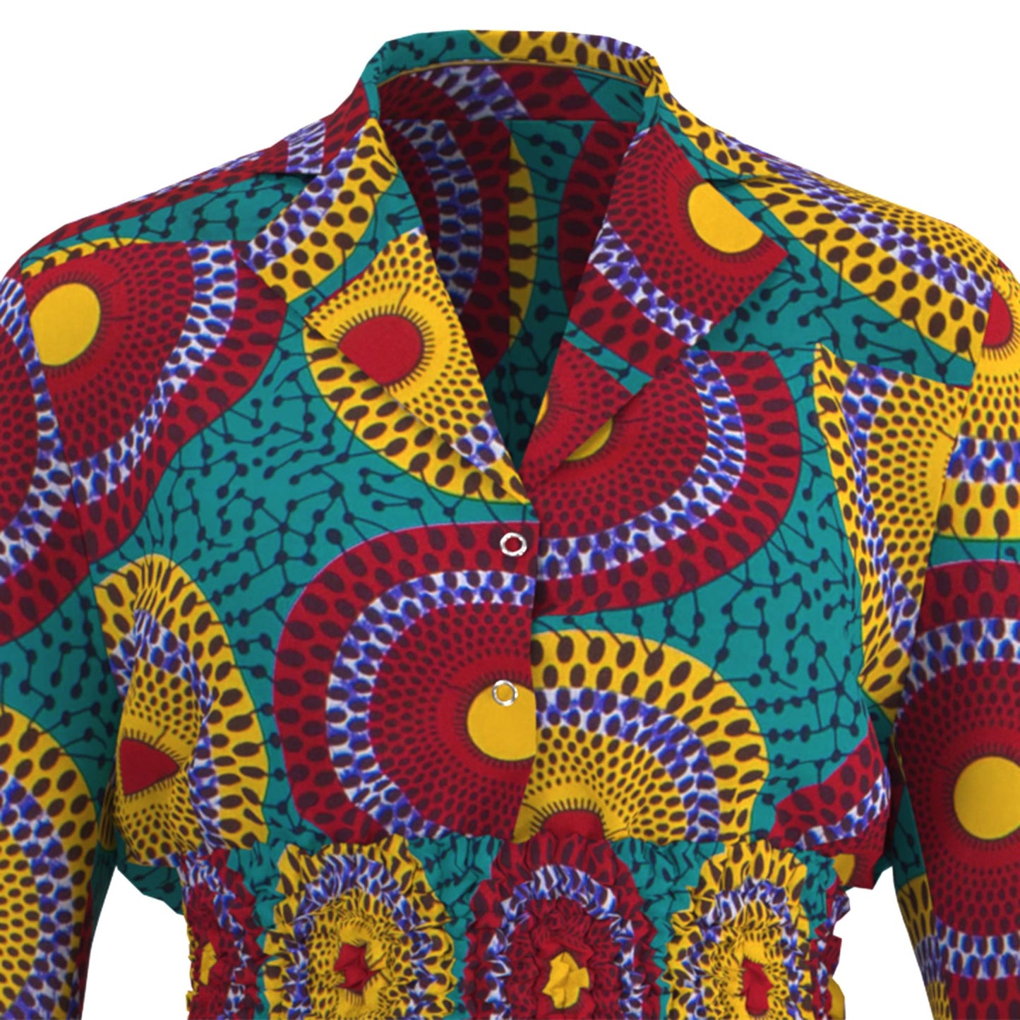 African Print Long Sleeve Shirt Collar Smocked Waist Dress