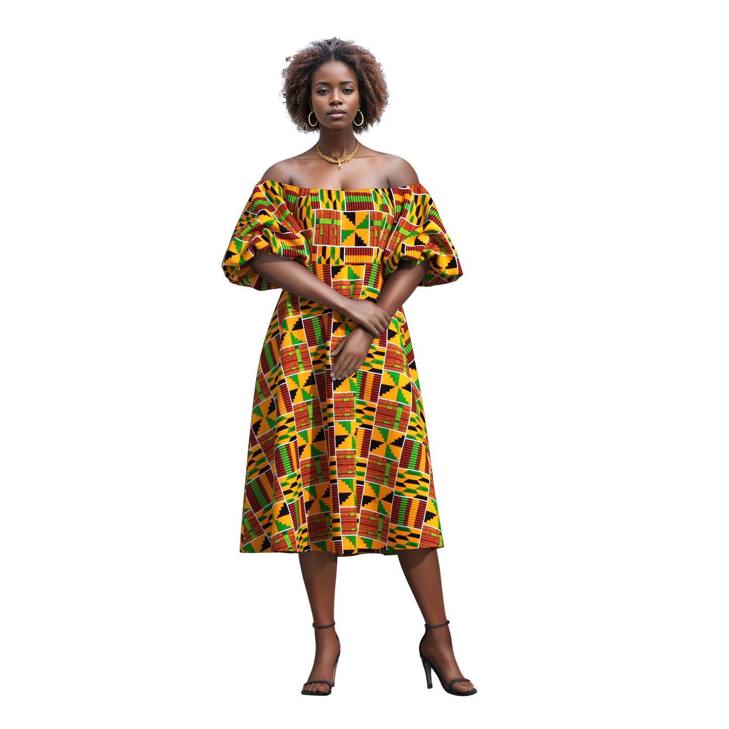 Bold Pattern Ankara Off Shoulder Dress, Breathable High-Quality African Fabric Fashion Dress