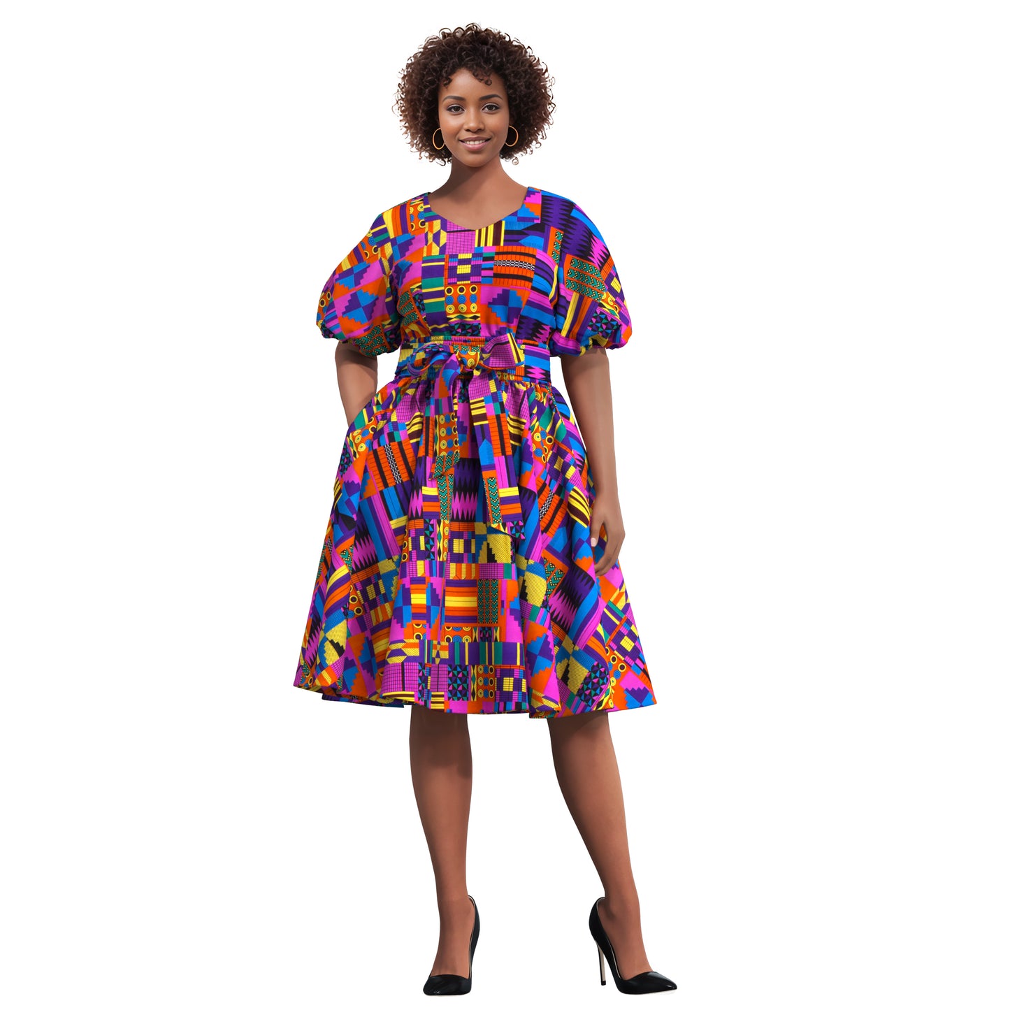 African Print Smocked Waist A-Line Midi Dress with Belt