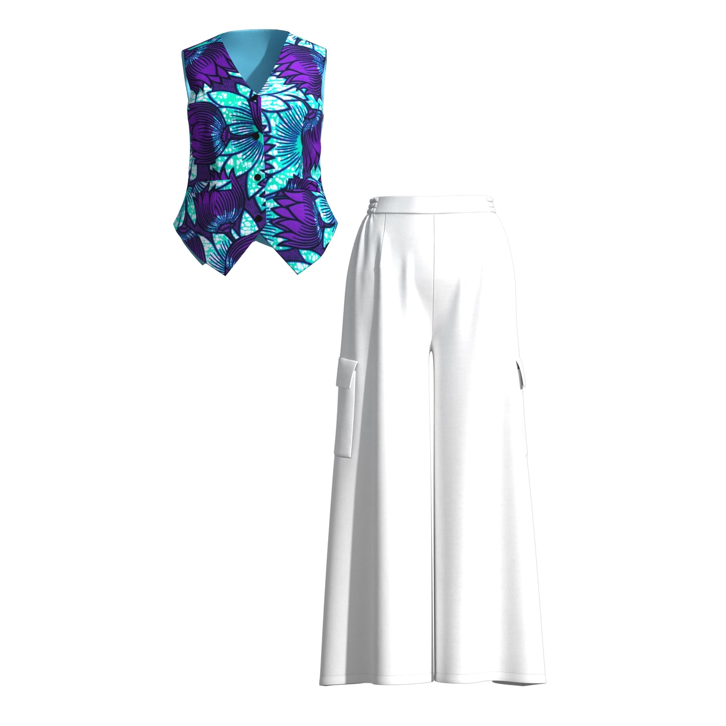 Ankara Print V-Neck Vest and Cargo Pocket Wide Leg Pants Set