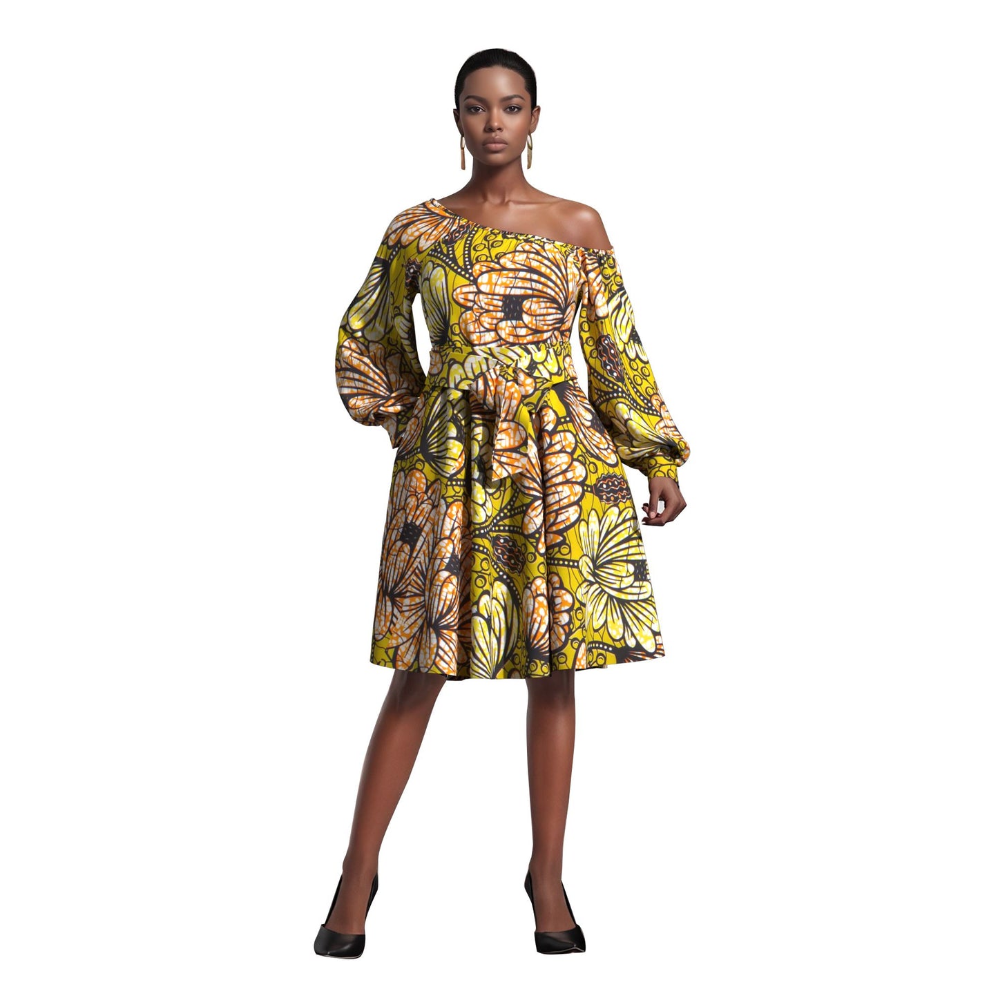 Classic African Wax Print Asymmetrical Dress, Paired with Same-Print Belt