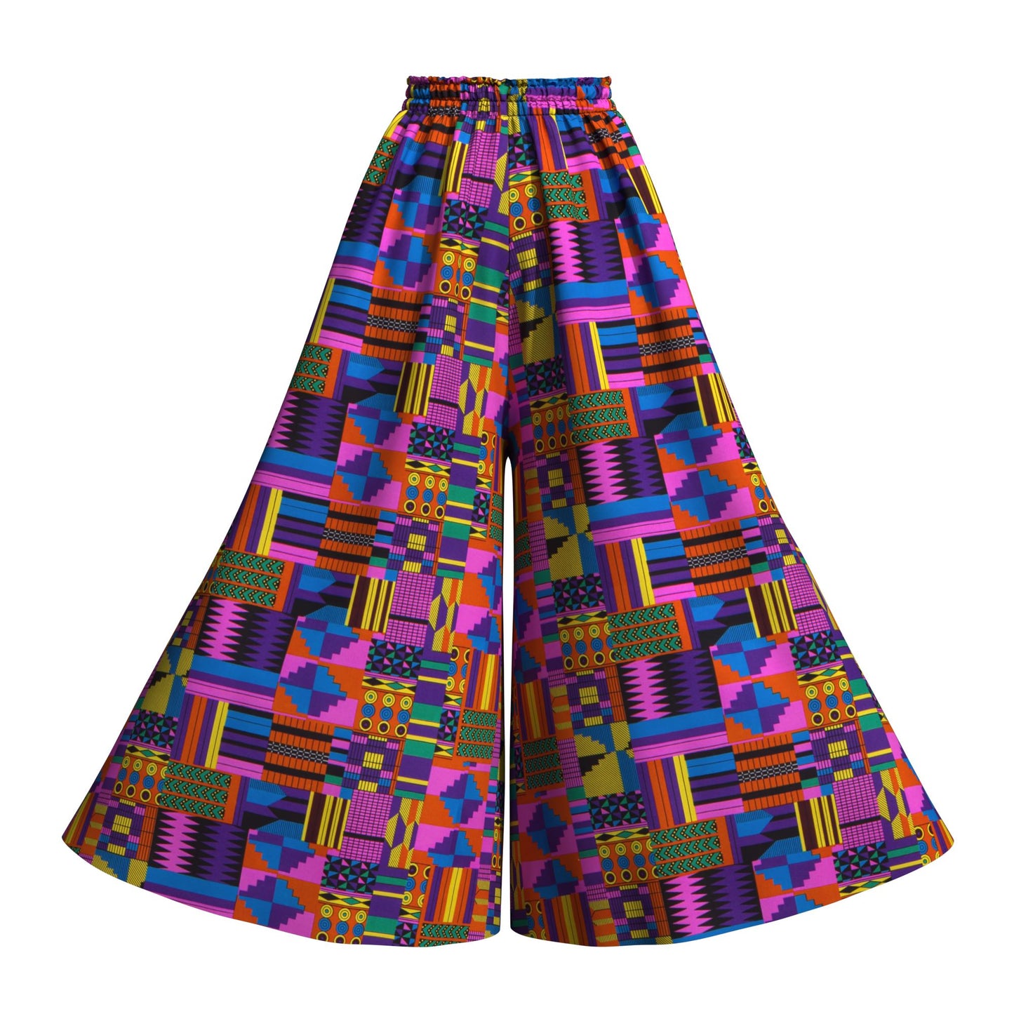 African Print Flowy Palazzo Pants, High Waist Elastic Waist Wide Leg Trousers