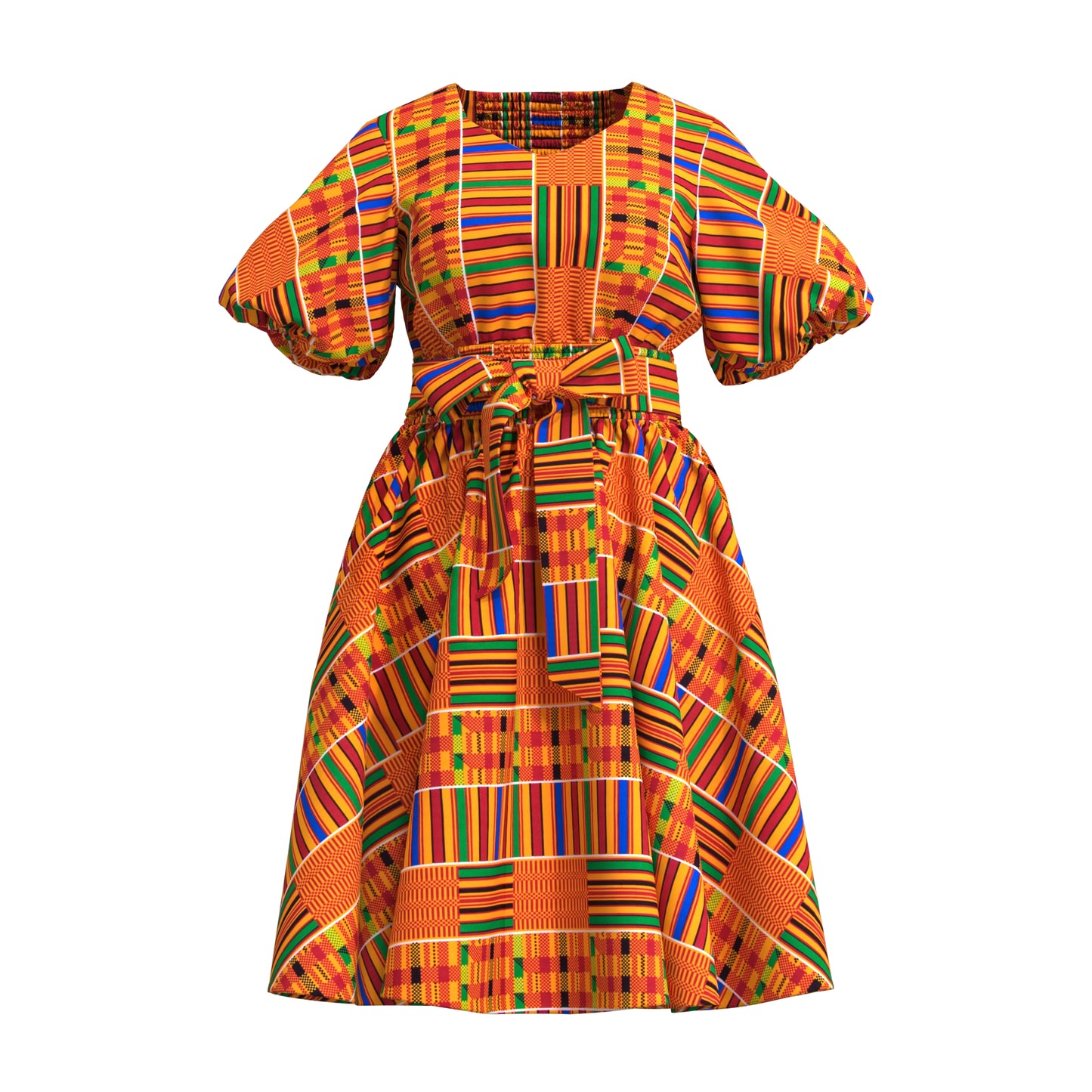 African Print Smocked Waist A-Line Midi Dress with Belt