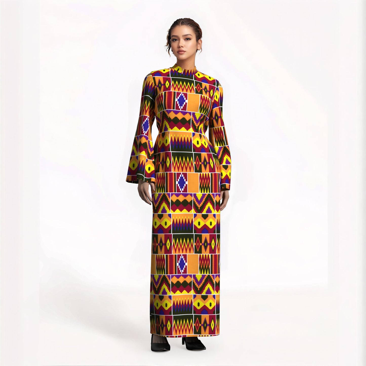 Ladies Kente Geometric Wax Print Long Dress High Neck Bell Sleeve Slim African Party Gown