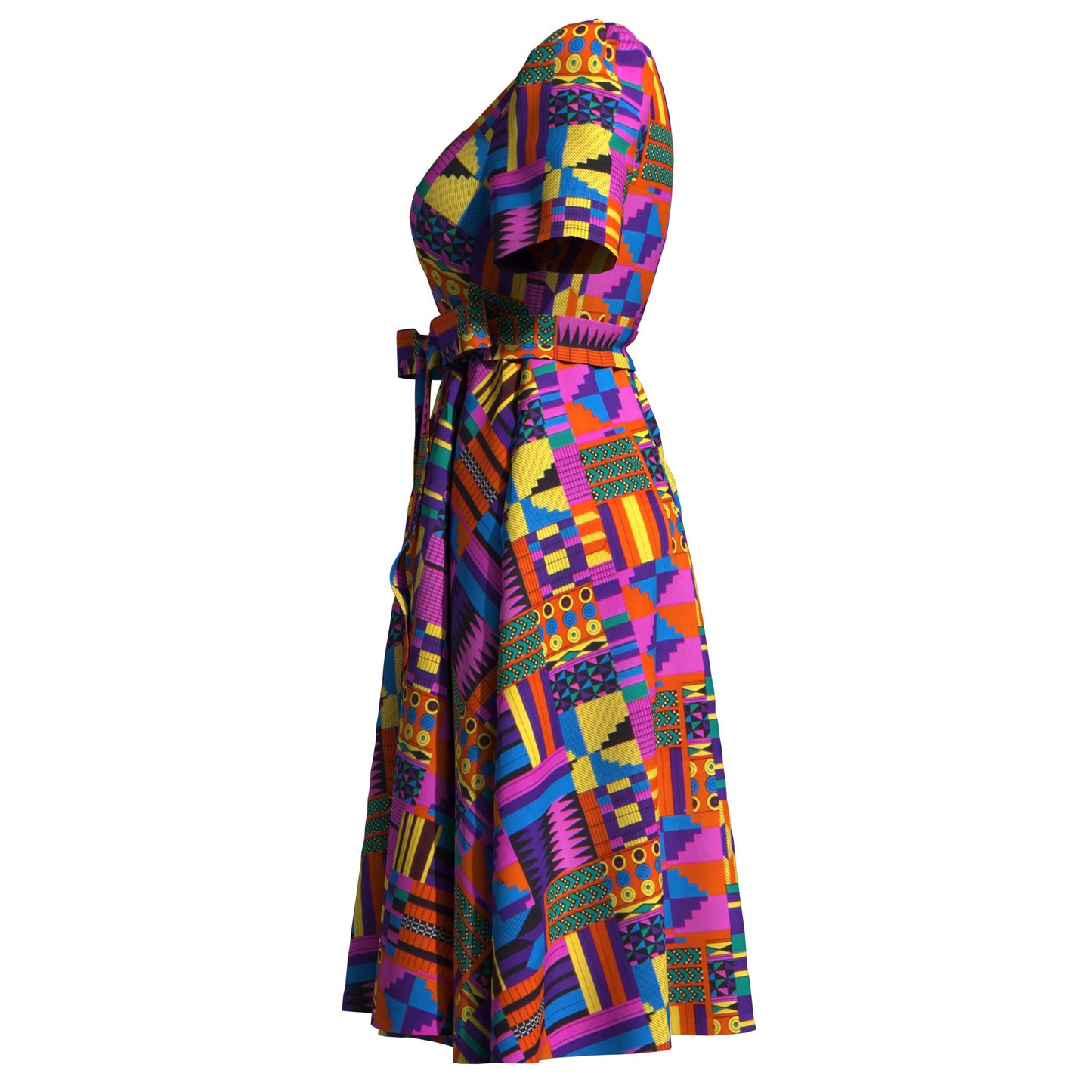 Women's African Print Midi Dress Short Sleeve & Belted Waist A-Line Ankara Fashion Dress