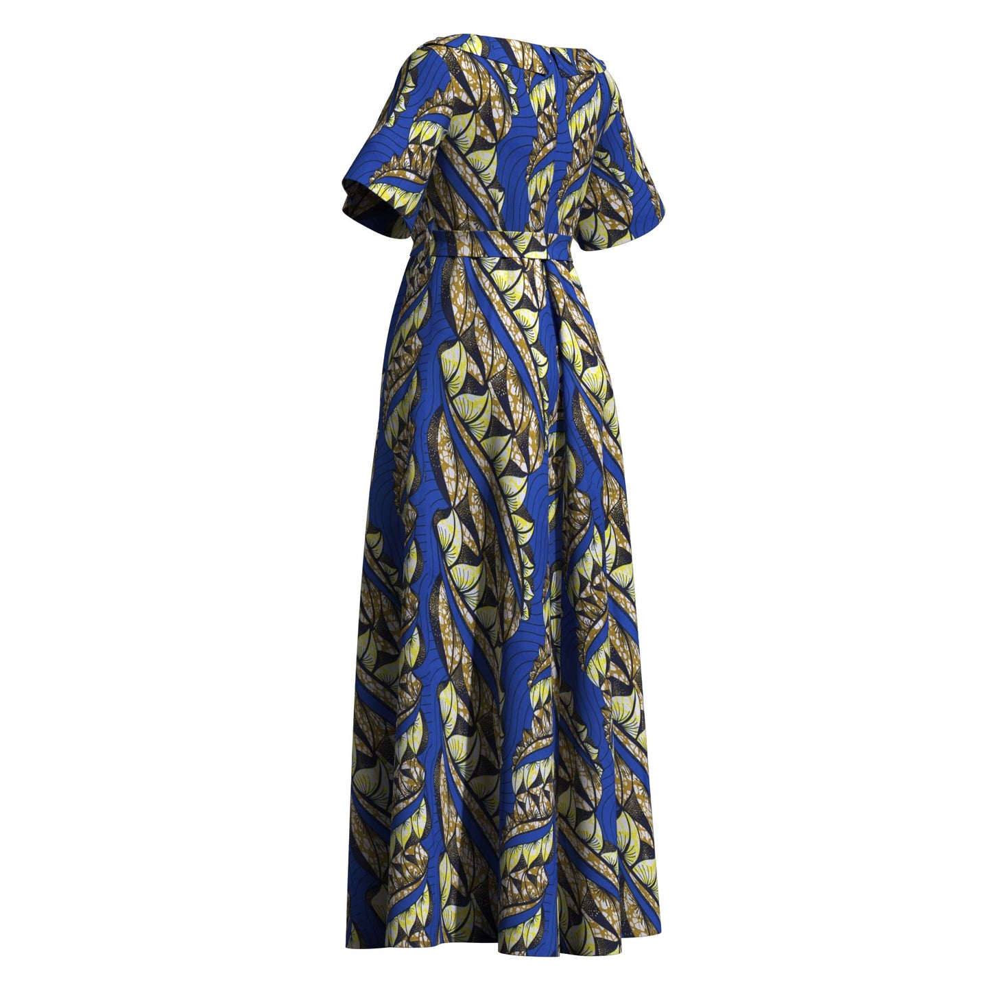nkara Print Asymmetric Collar Short Sleeve Waist Tie Long Dress