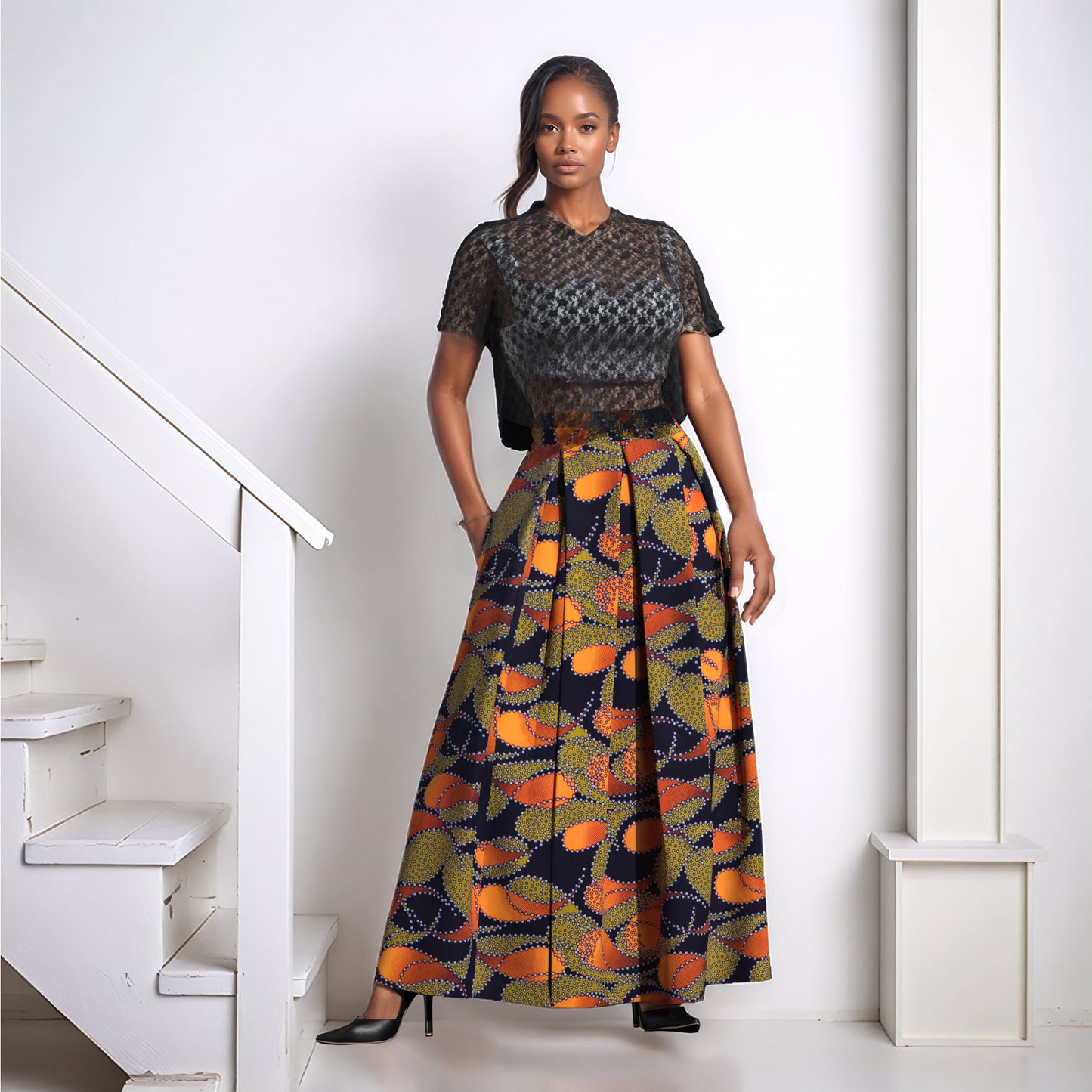 Women's African Print Maxi Skirt High Waist Pleated A-Line Skirt KG1213