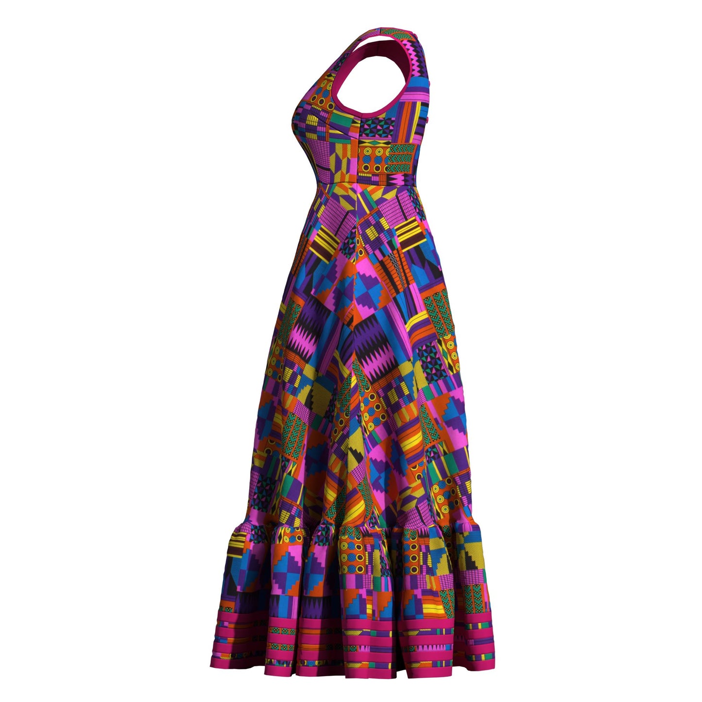 Women Ankara Wax Print Sleeveless Maxi Dress Ruffle Hem Strip Trim African Flared Long Occasion Gown