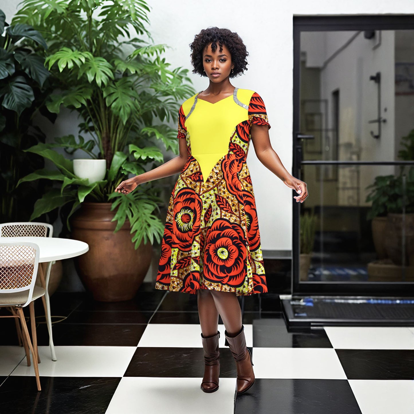 Women's African Ankara Print V-Neck Midi Dress | High-End Patchwork Party Dress