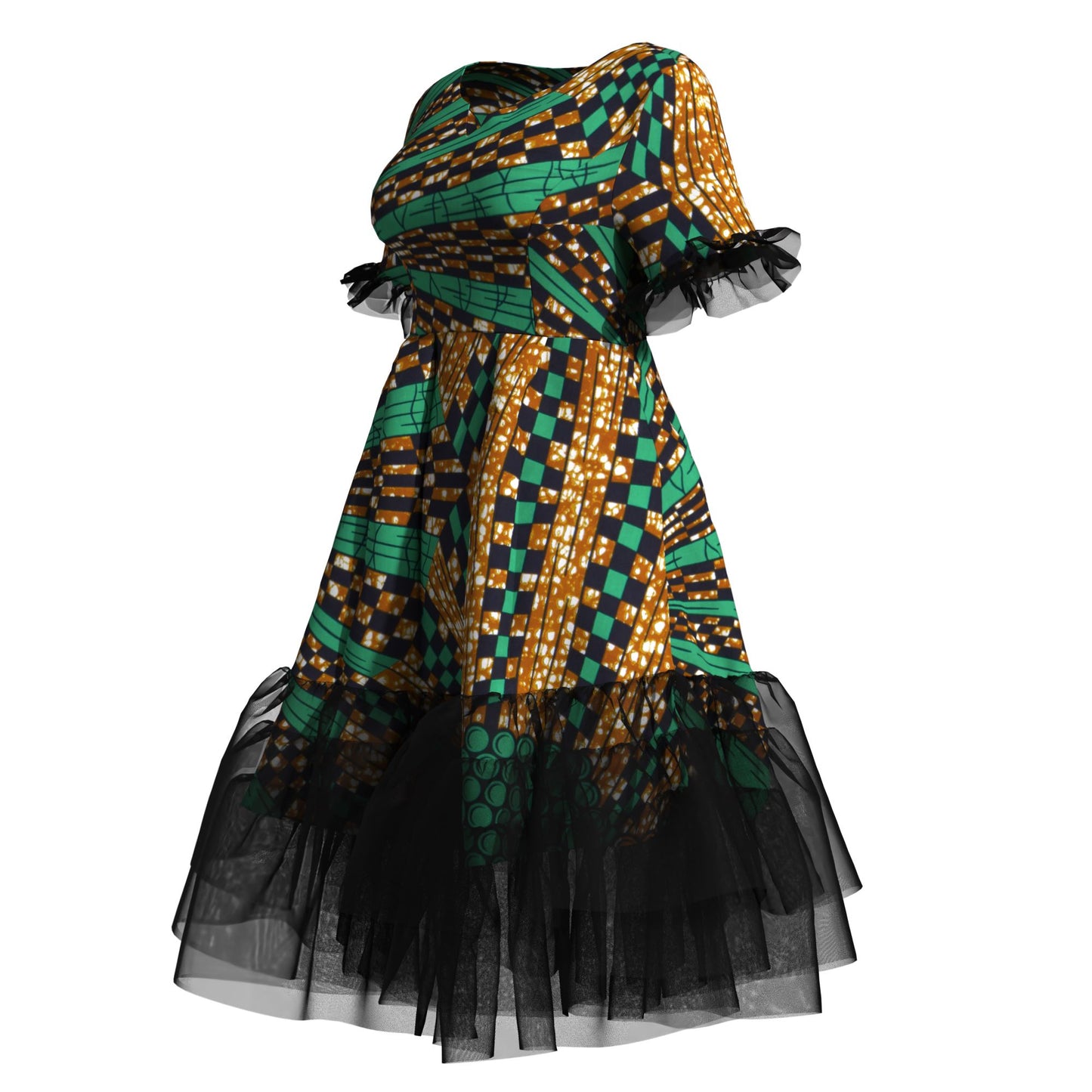 Kente Print Tiered Tulle Midi Dress – Short Sleeve Ankara Dress with Sheer Trim