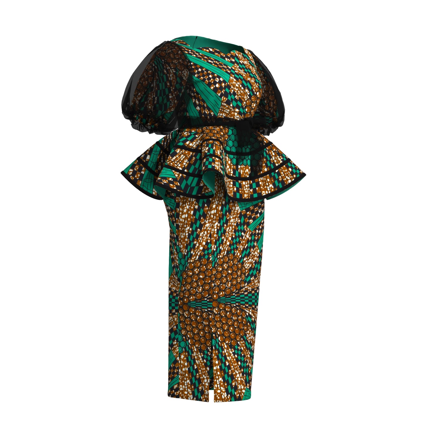 African Print Organza Sleeve Peplum Top & Midi Skirt Set