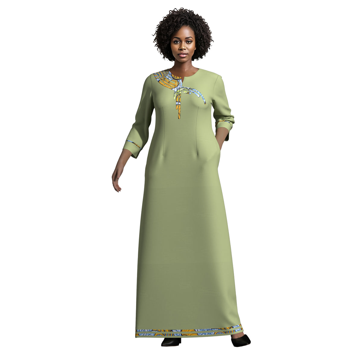 Elegant Solid Maxi Dress for Black Women, Ankara Print Splicing on Chest & Cuffs WY10572