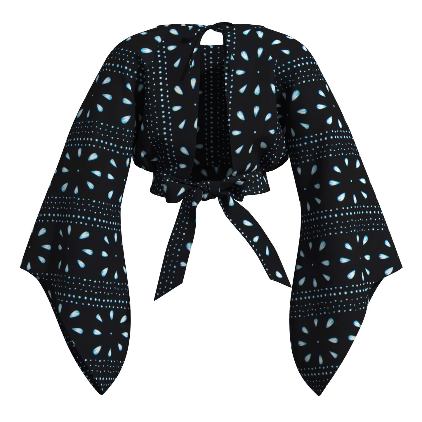 rinted Open Back Crop Top with Tie Waist & Extra Wide Bell Sleeve