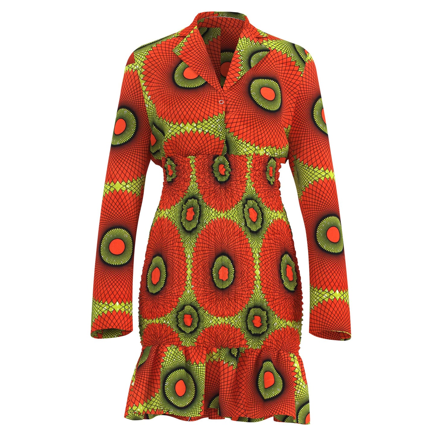 African Print Long Sleeve Shirt Collar Smocked Waist Dress
