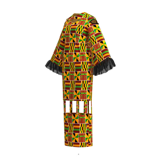African Ankara Print Cutout Maxi Dress with Sheer Ruffle Cuffs
