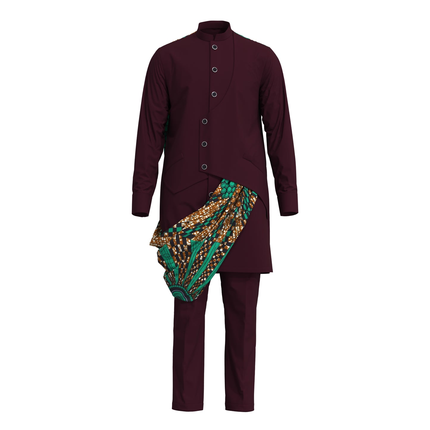 Stylish Men Matching Trousers Outfit, Suit Fabric Top with African Printed Drape Detail