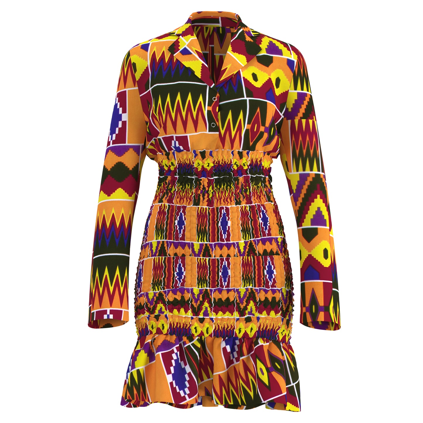 African Print Long Sleeve Shirt Collar Smocked Waist Dress