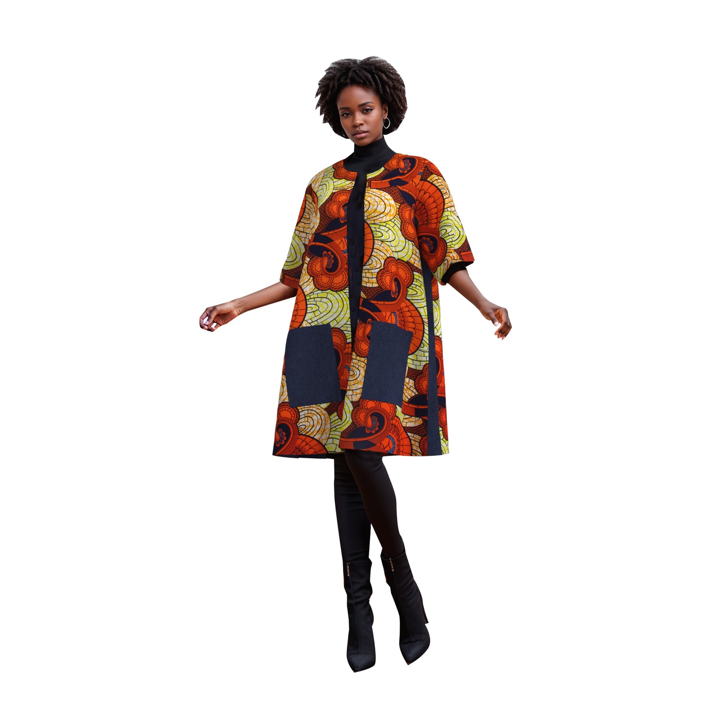 Women's African Print Long Kimono Jacket No-Button Loose Fit with Pockets Ankara Fashion Top