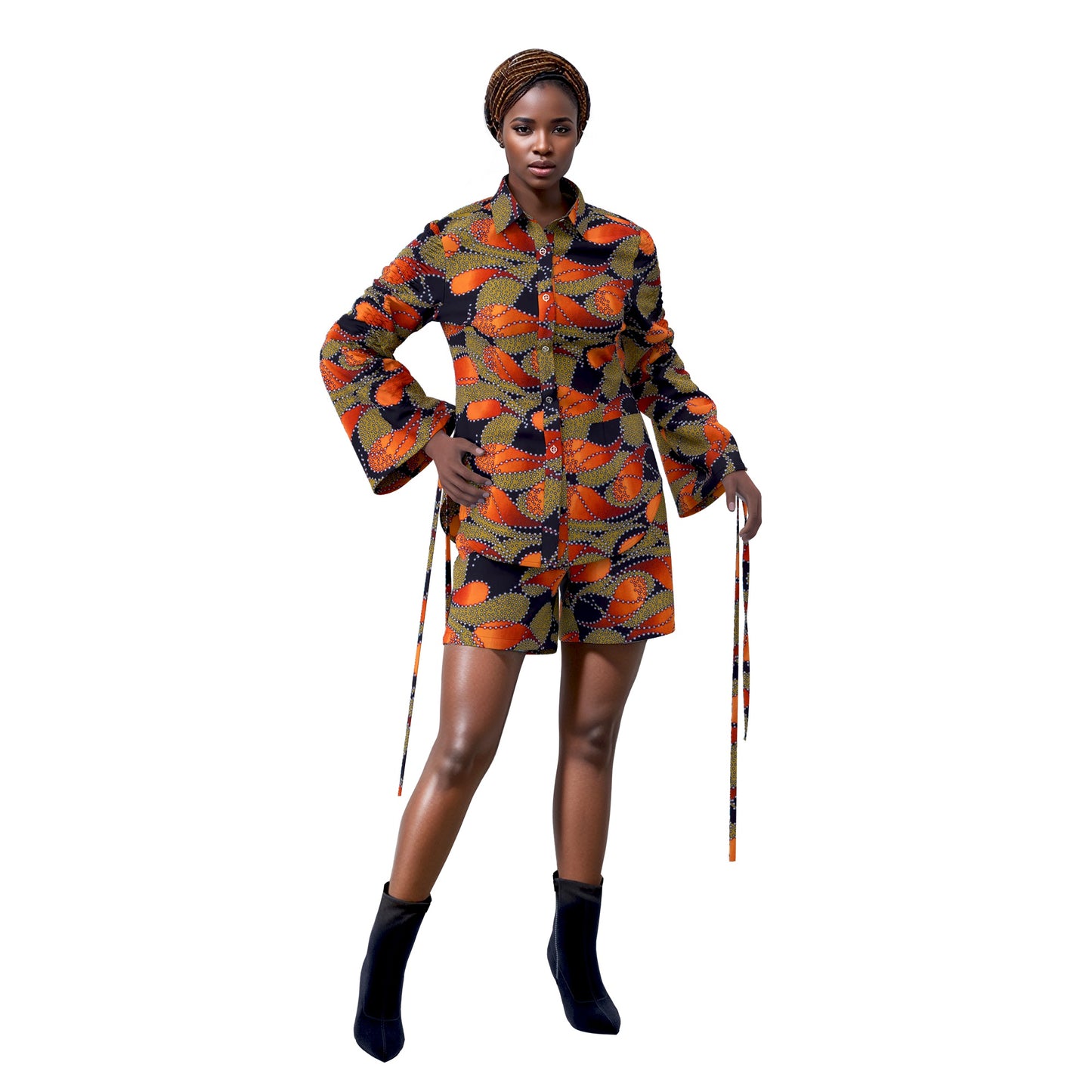 African Print Smocked Sleeve Shirt & Shorts Two-Piece Set