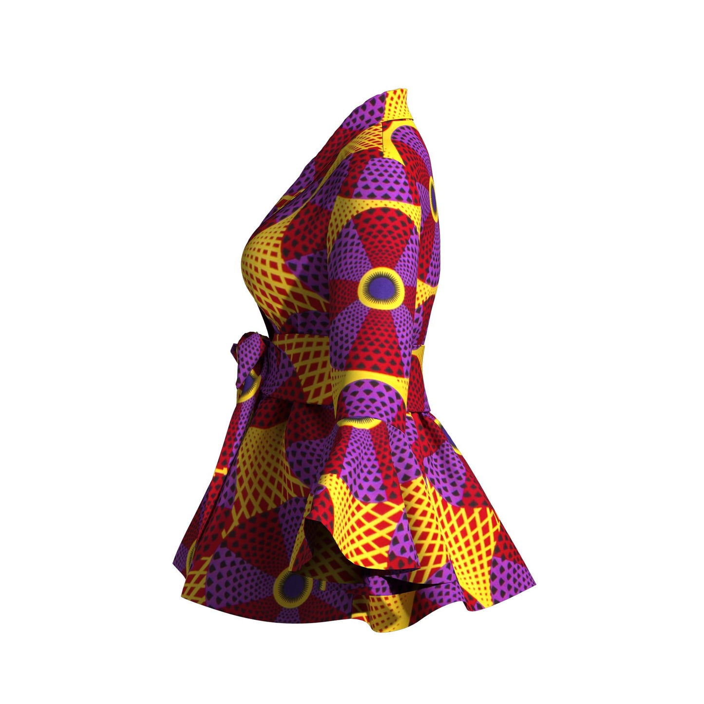 Ladies Vibrant Ethnic Geometric Print Stand Collar Bell Sleeve Peplum Top With Coordinating Waist Tie