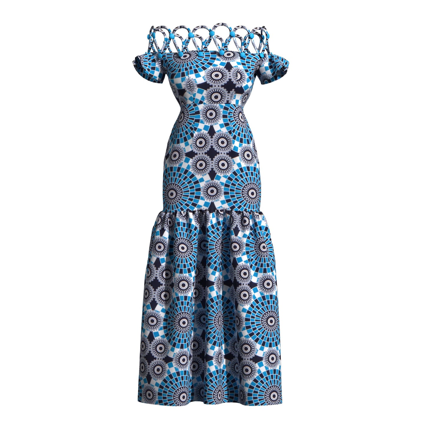 Women's African Print Off-Shoulder Maxi Dress | Rope Strap Detail | Ankara Ruffled Hem Gown