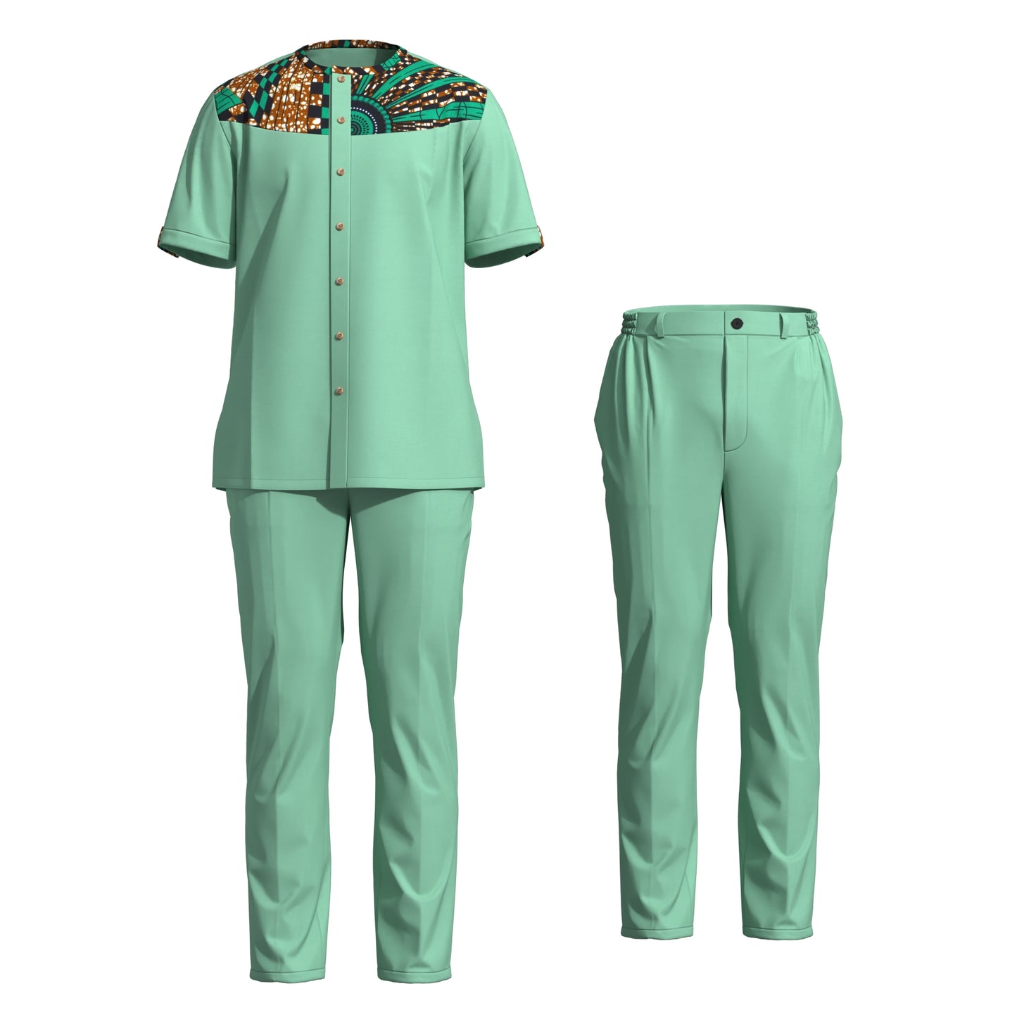 African Print Patchwork Short Sleeve Shirt & Pants Set