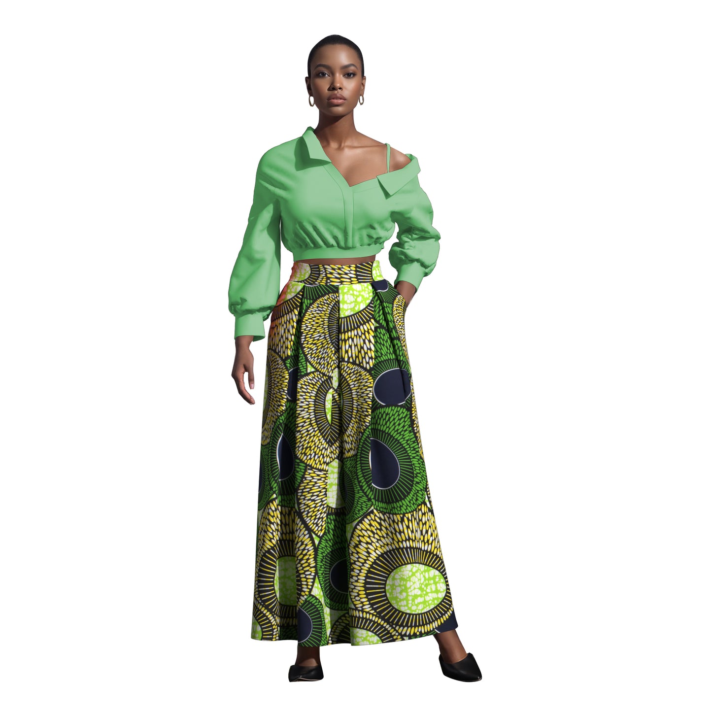 Women's African Print Maxi Skirt High Waist Pleated A-Line Skirt KG1213