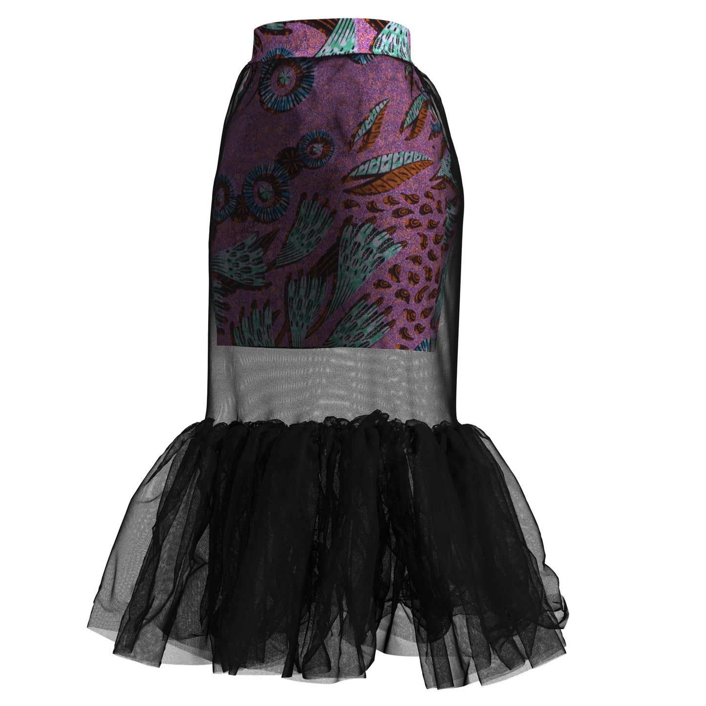 African Print Mesh Overlay Mermaid Midi Skirt