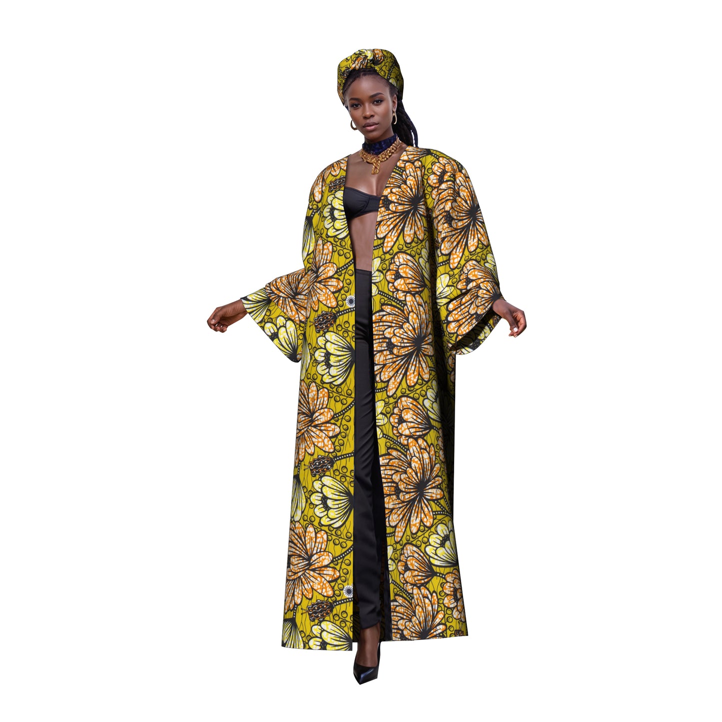 African Women All Over Cultural Print Loose Long Open Front Outerwear Matching Printed Head Wrap Set