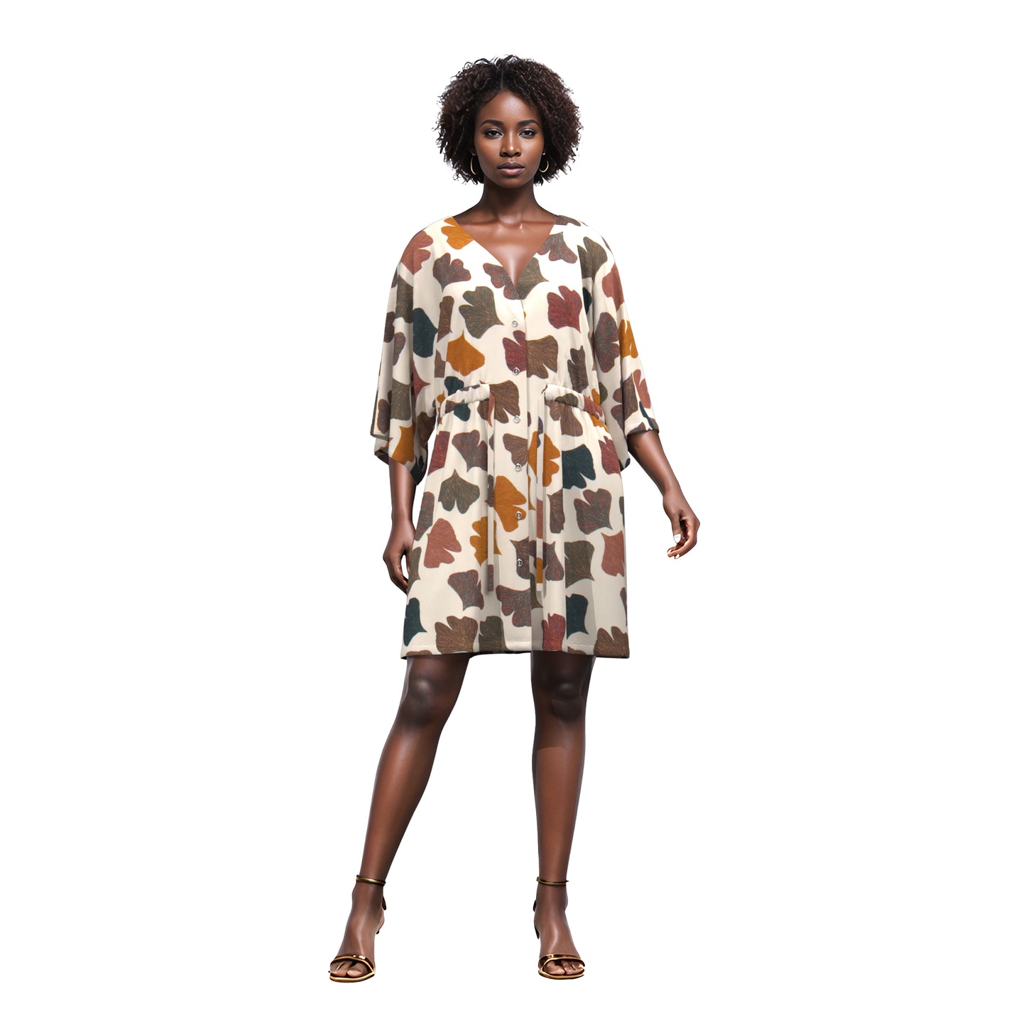 African Print V-Neck Drawstring Waist Batwing Sleeve Dress