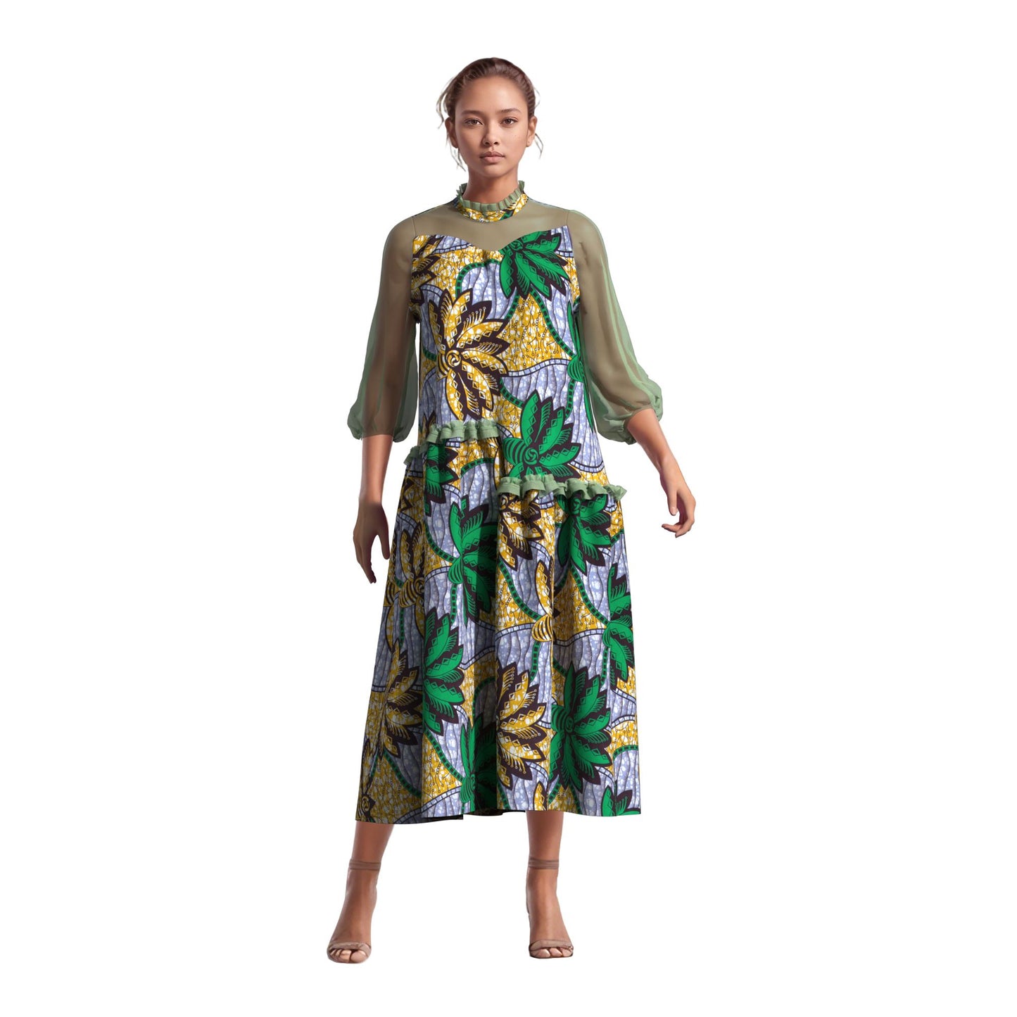 African Fabric Sheer Mesh Ruffle Collar Tiered Swing Midi Dress