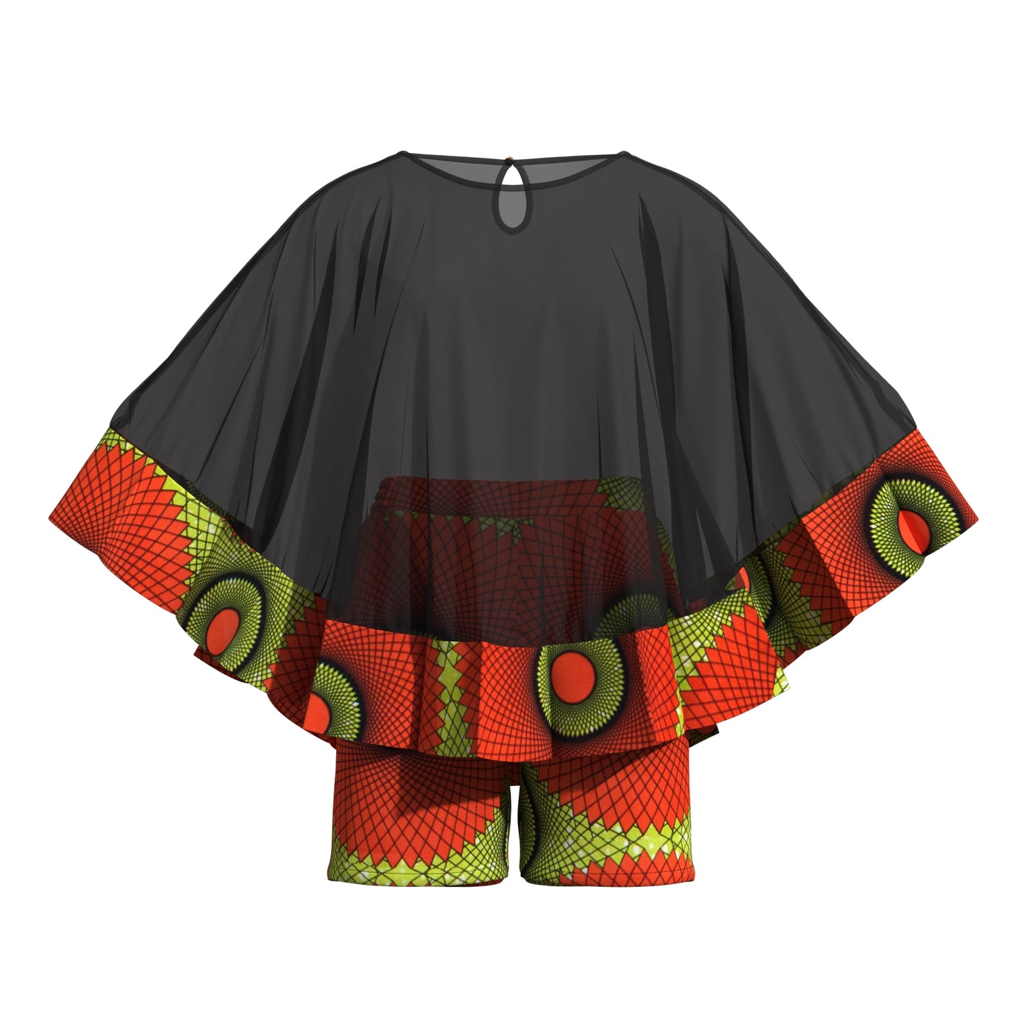 African Print Chiffon Cape Top & Shorts Two-Piece Set