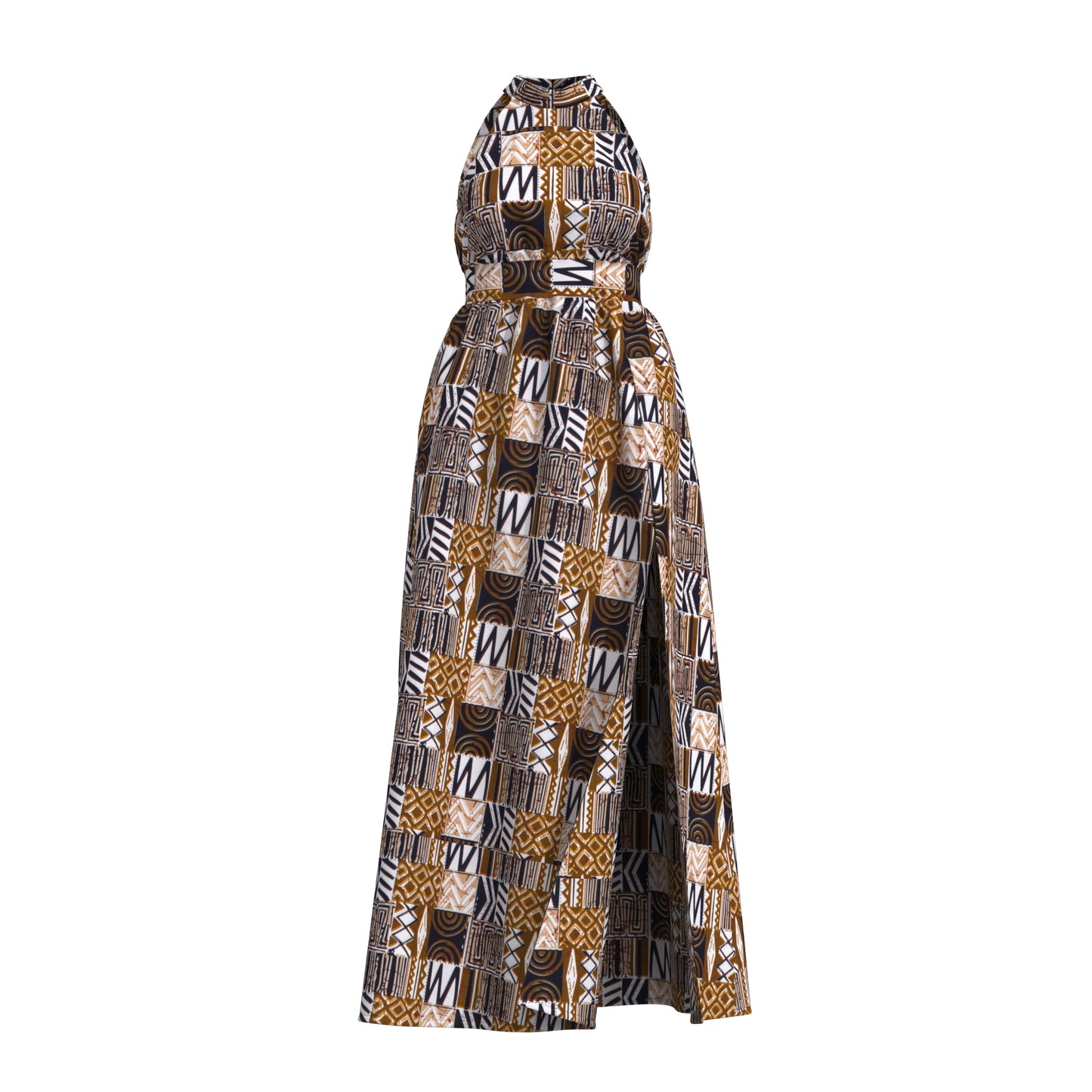 Ladies African Fabric Halter Maxi Dress With Back Bow & Side Split