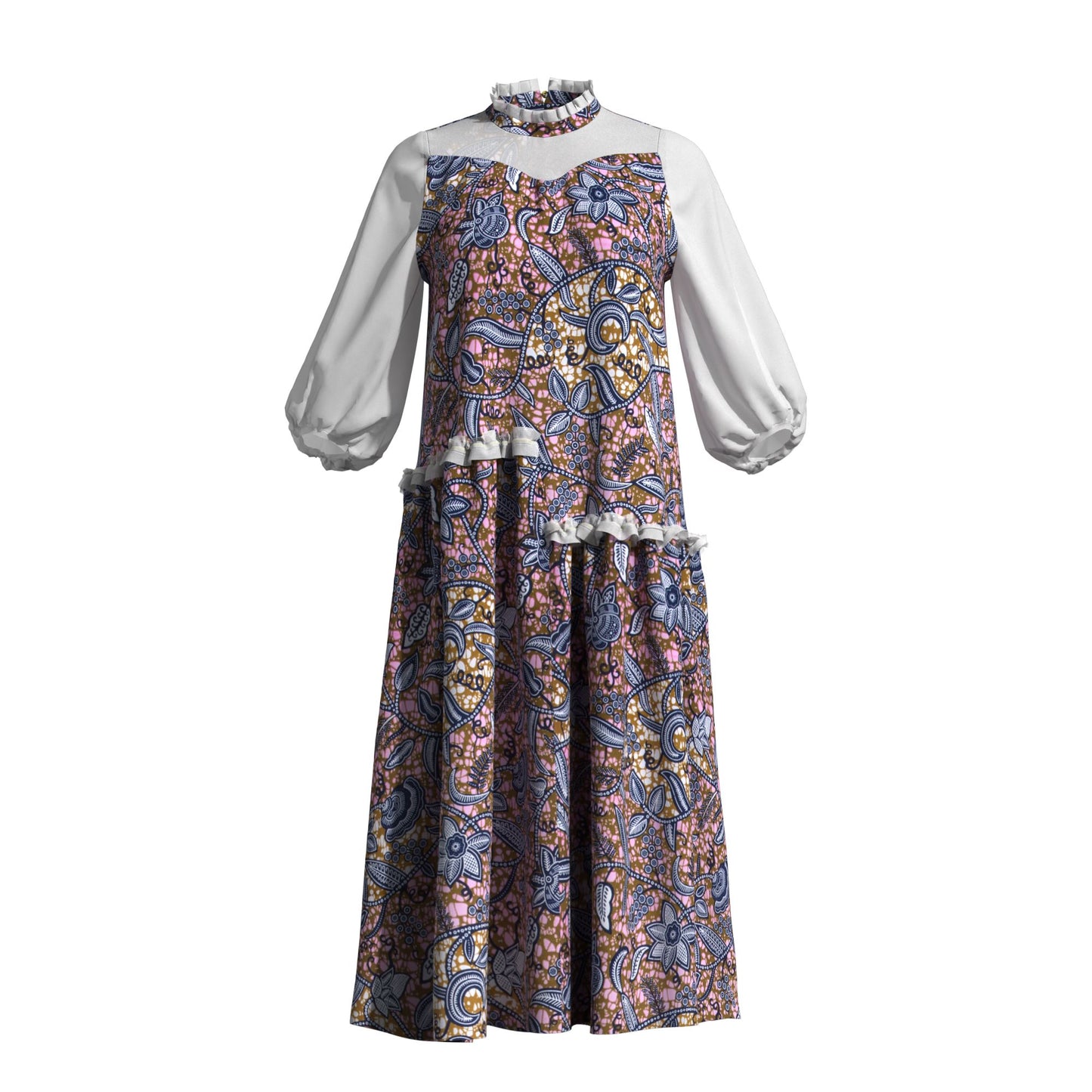 African Fabric Sheer Mesh Ruffle Collar Tiered Swing Midi Dress