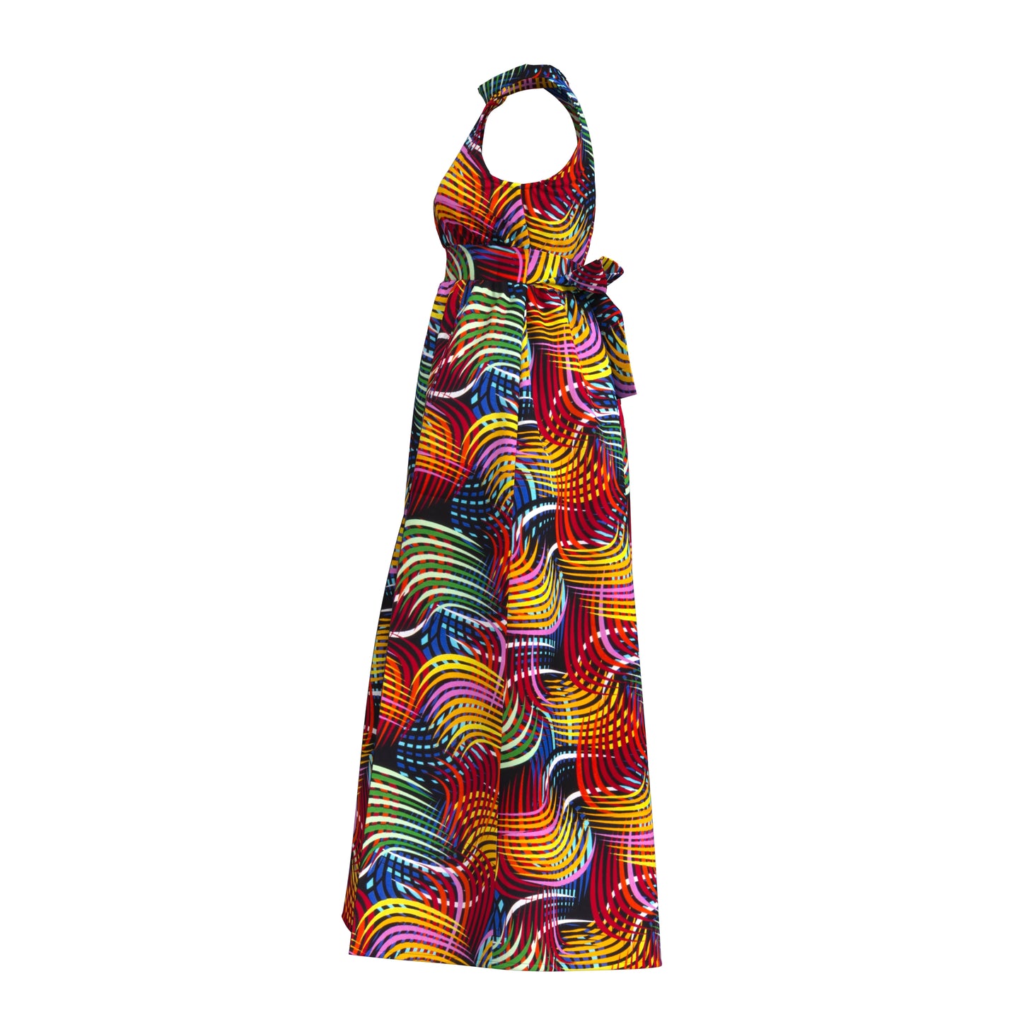 Ladies African Fabric Halter Maxi Dress With Back Bow & Side Split