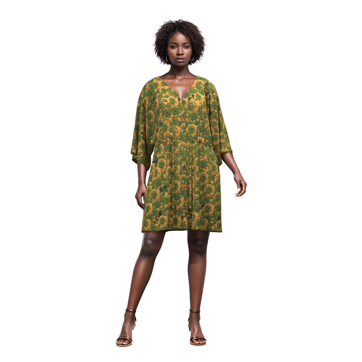 African Print V-Neck Drawstring Waist Batwing Sleeve Dress