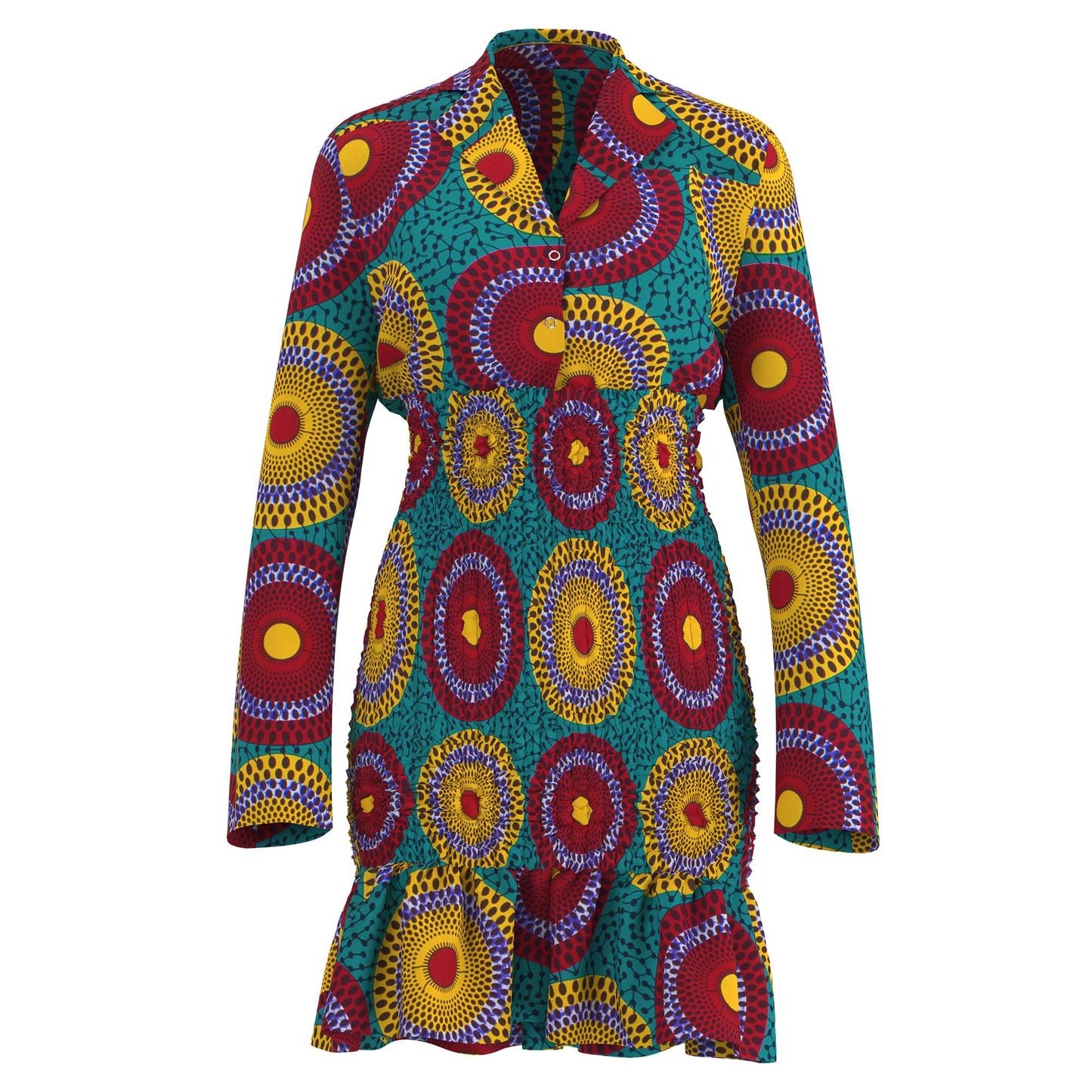 African Print Long Sleeve Shirt Collar Smocked Waist Dress
