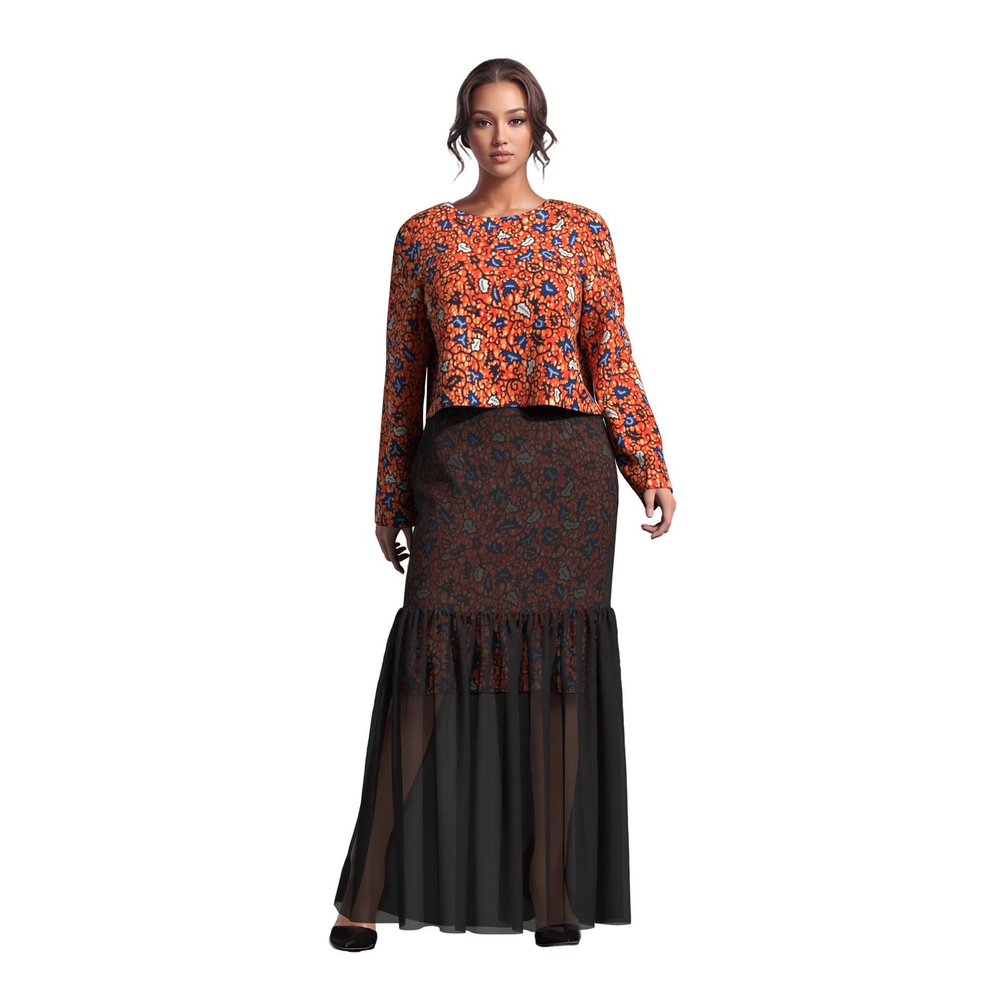 African Print Layered Sheer Mesh Mermaid Maxi Skirt Two Piece Set