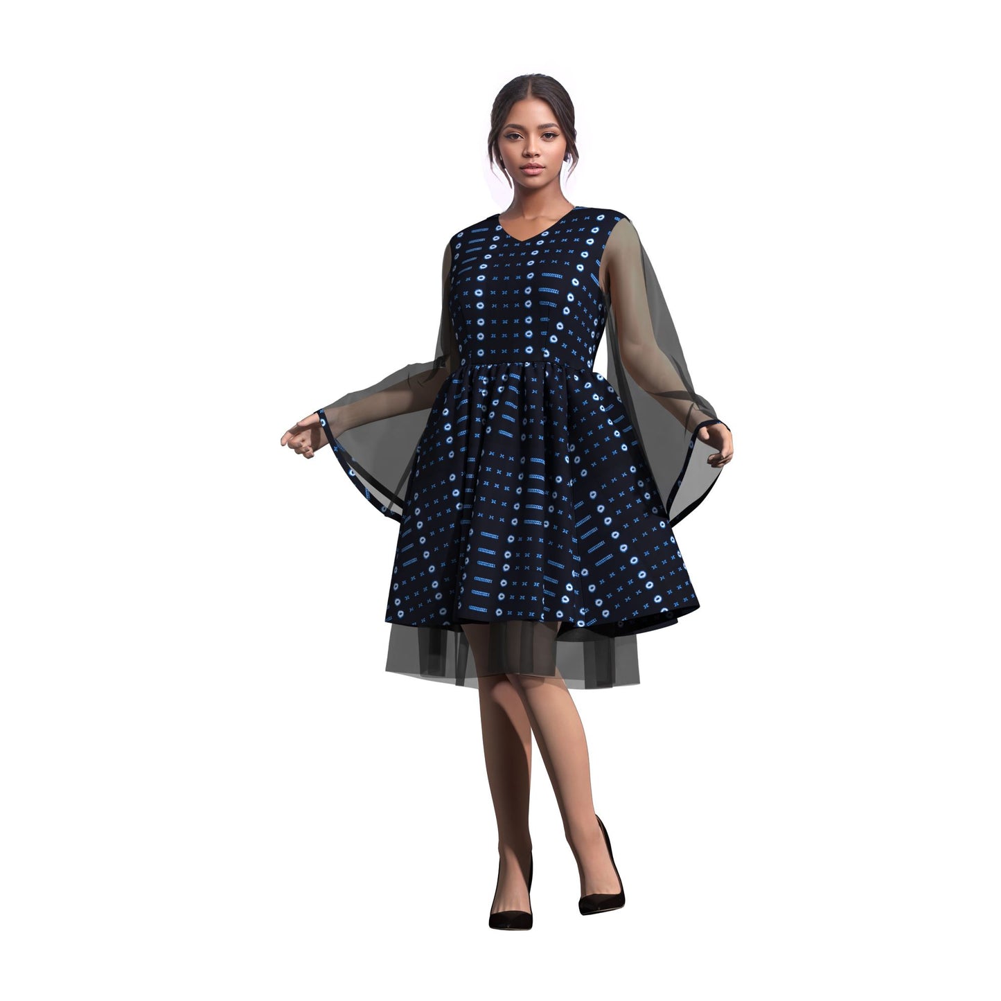 Ethnic African Floral Print Sheer Mesh Flare Sleeve Dress