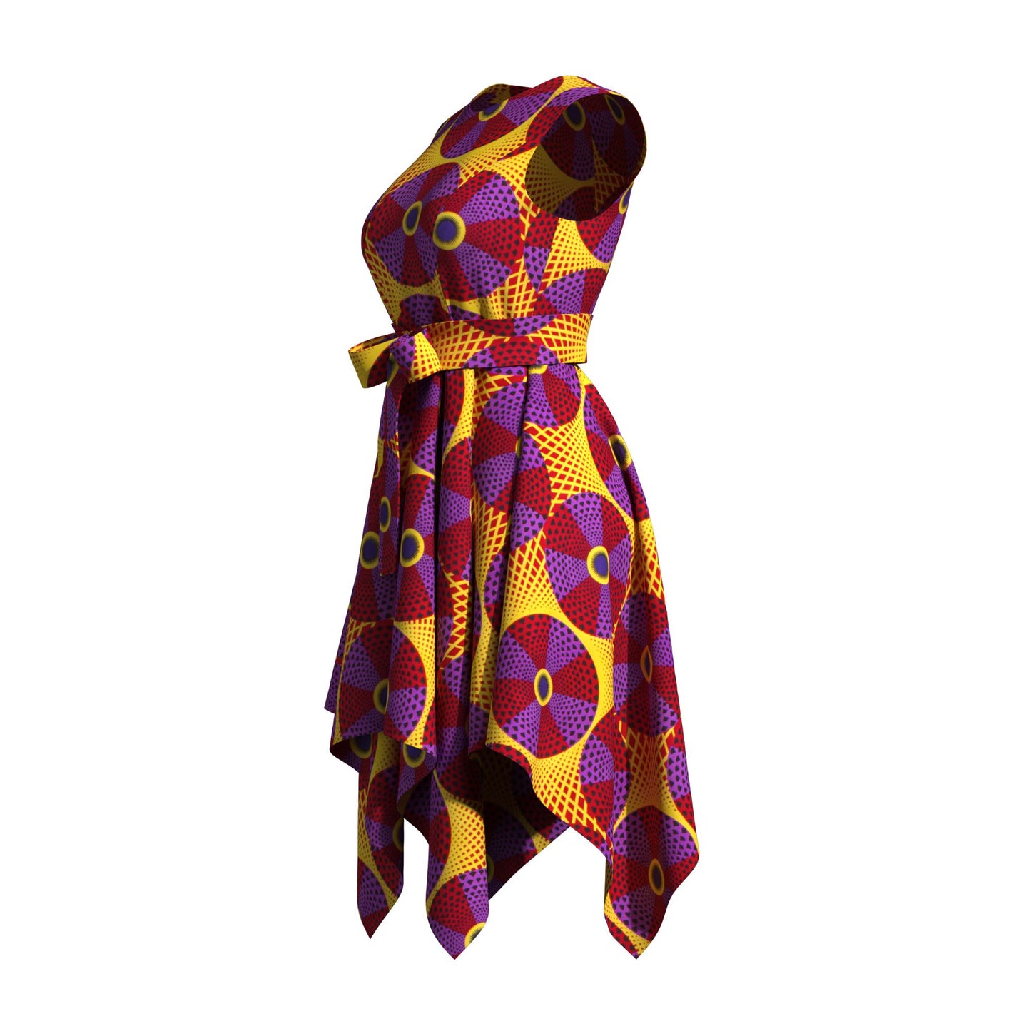 Sleeveless African Print Fit-and-Flare Dress with Asymmetrical Hem