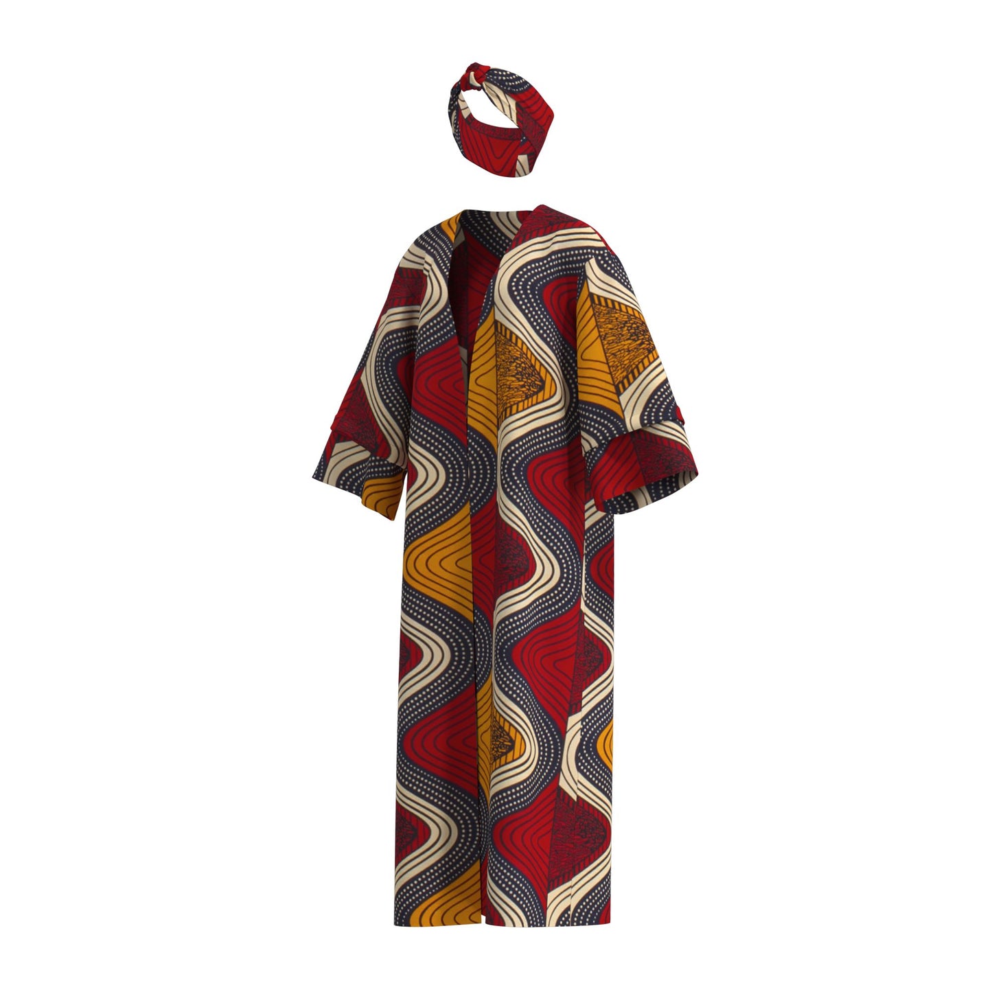 African Women All Over Cultural Print Loose Long Open Front Outerwear Matching Printed Head Wrap Set