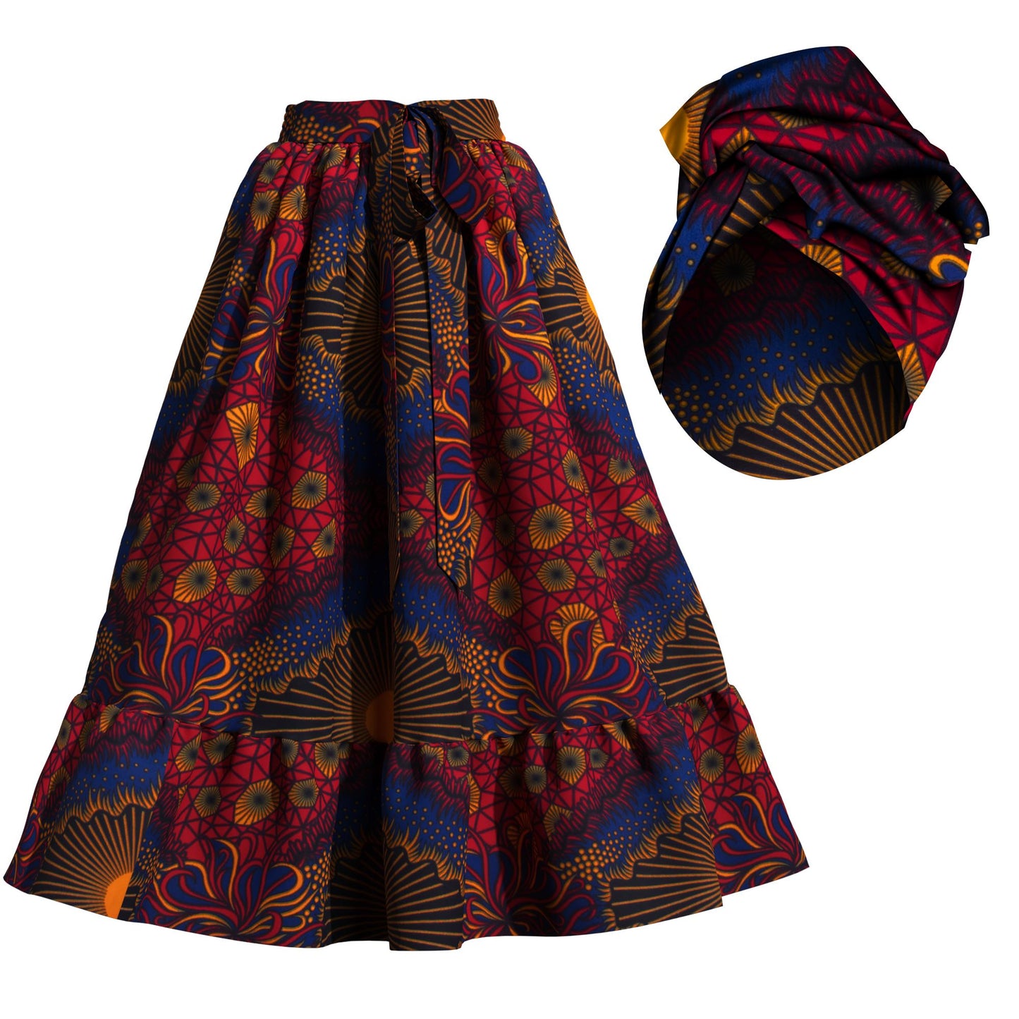 Traditional African Print Flowy Skirt with Coordinating Headwrap