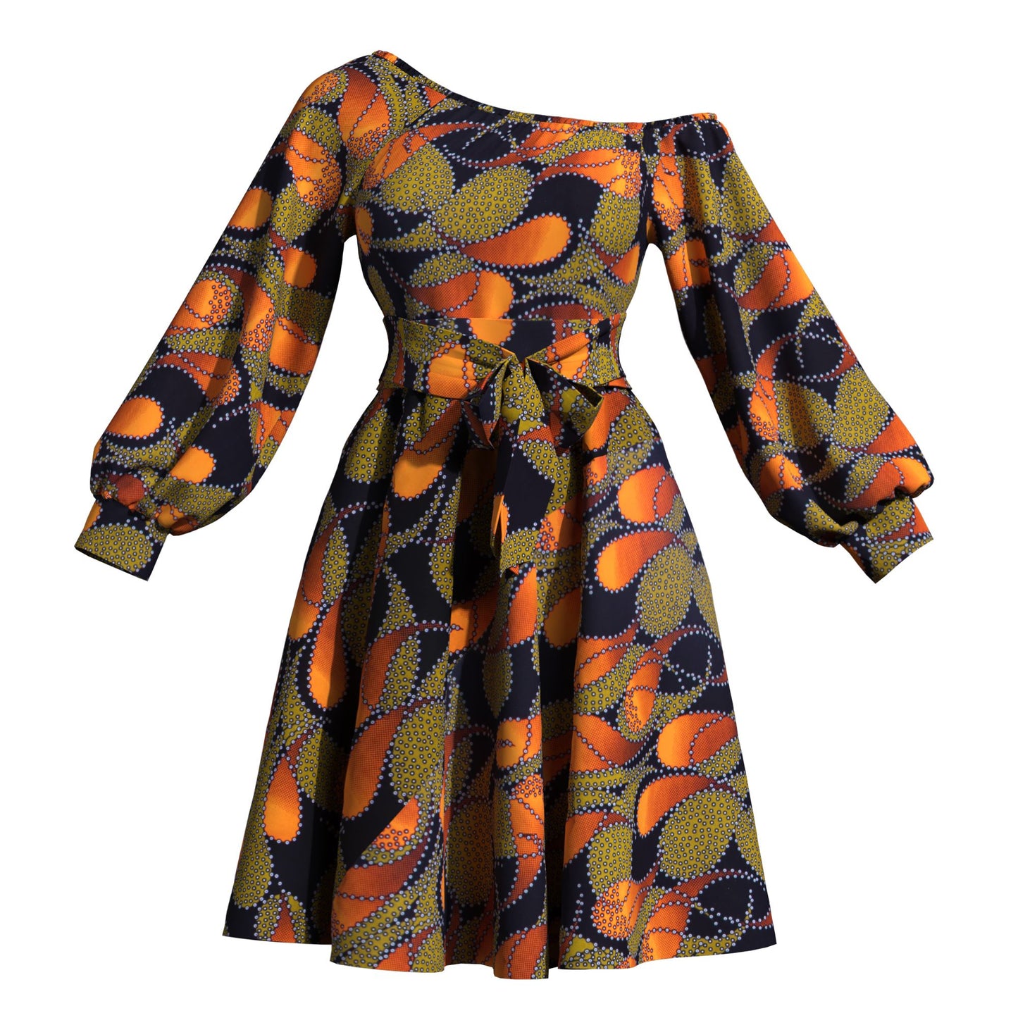 Classic African Wax Print Asymmetrical Dress, Paired with Same-Print Belt