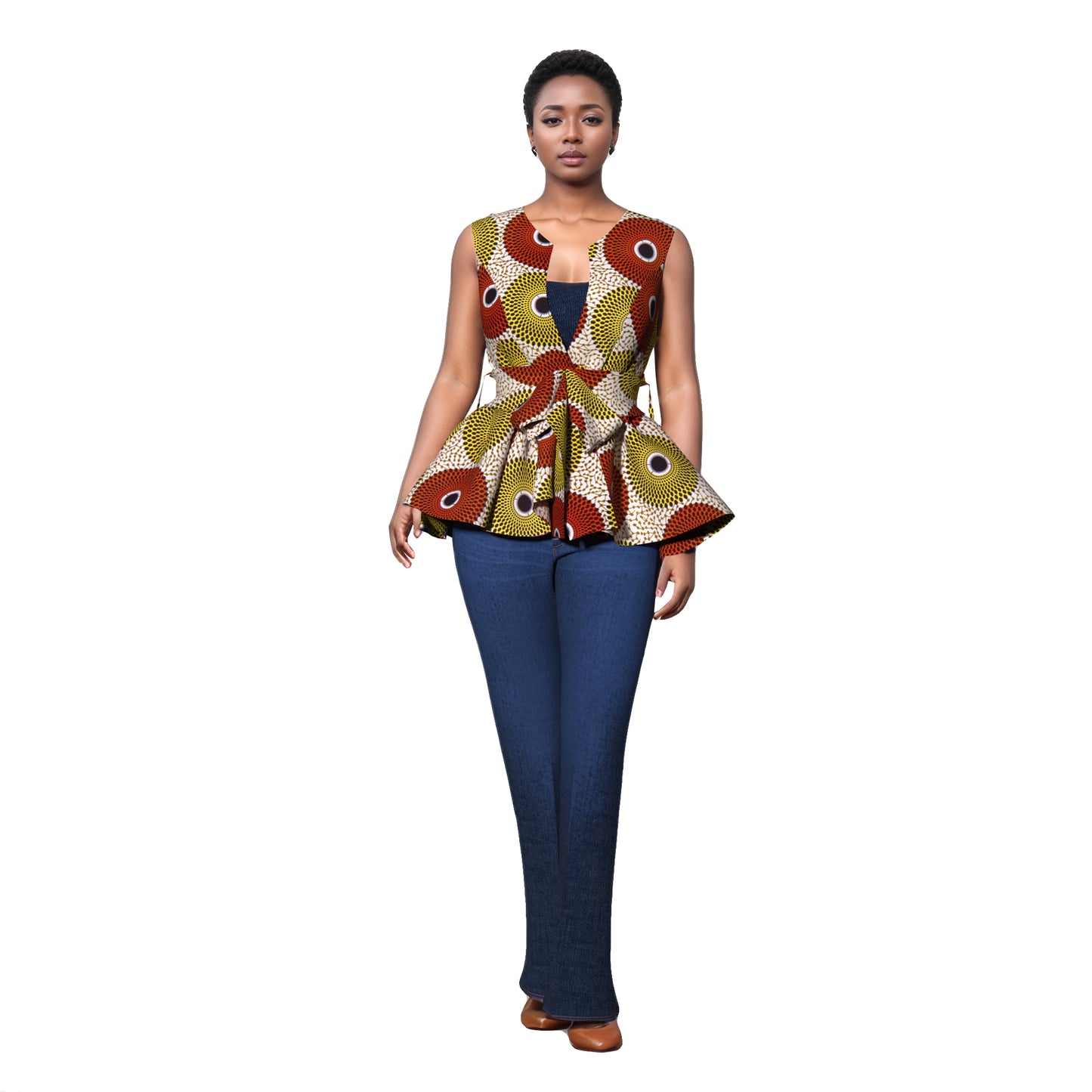 Elegant Afrocentric Print Peplum Top with Matching Belt