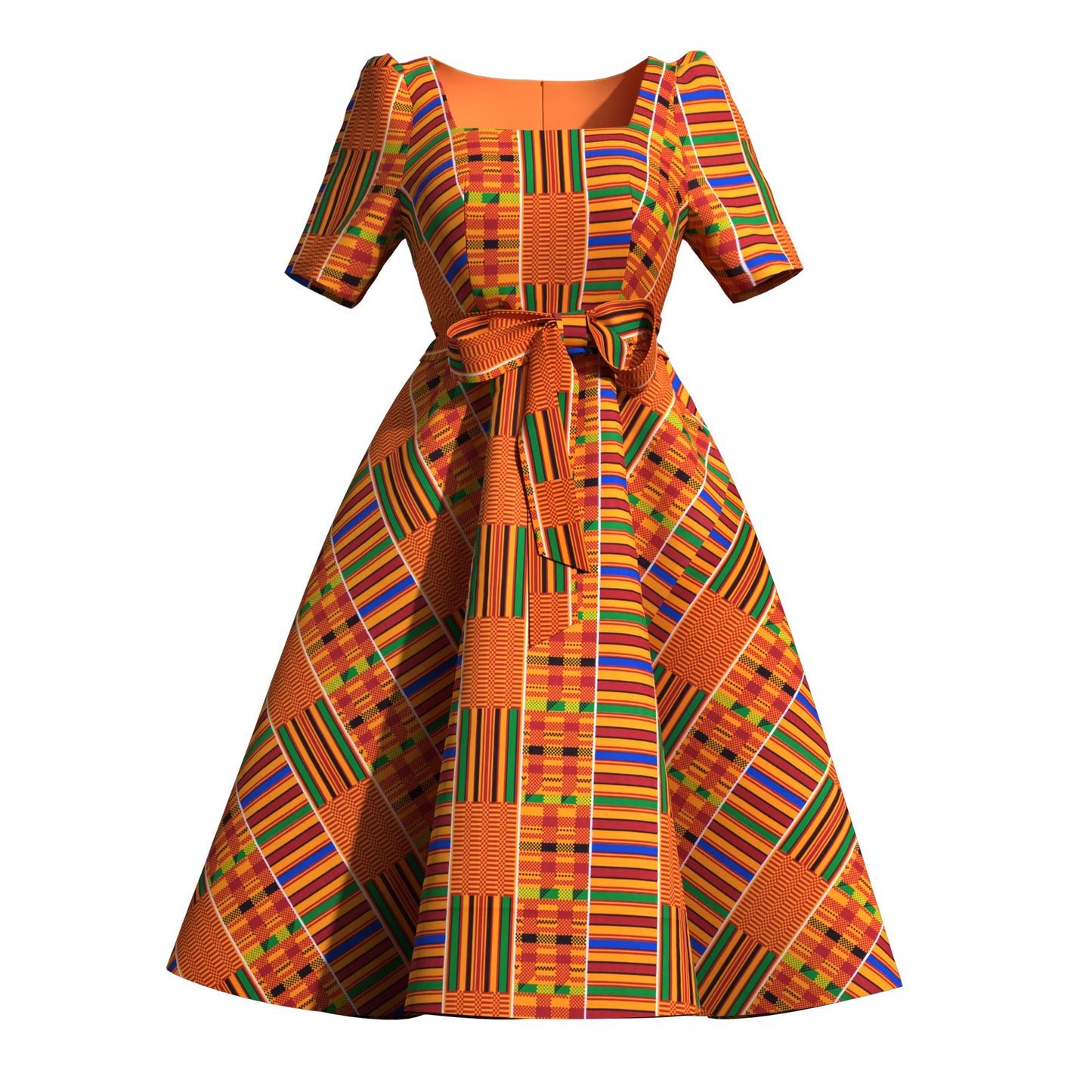 Women's African Print Midi Dress Short Sleeve & Belted Waist A-Line Ankara Fashion Dress
