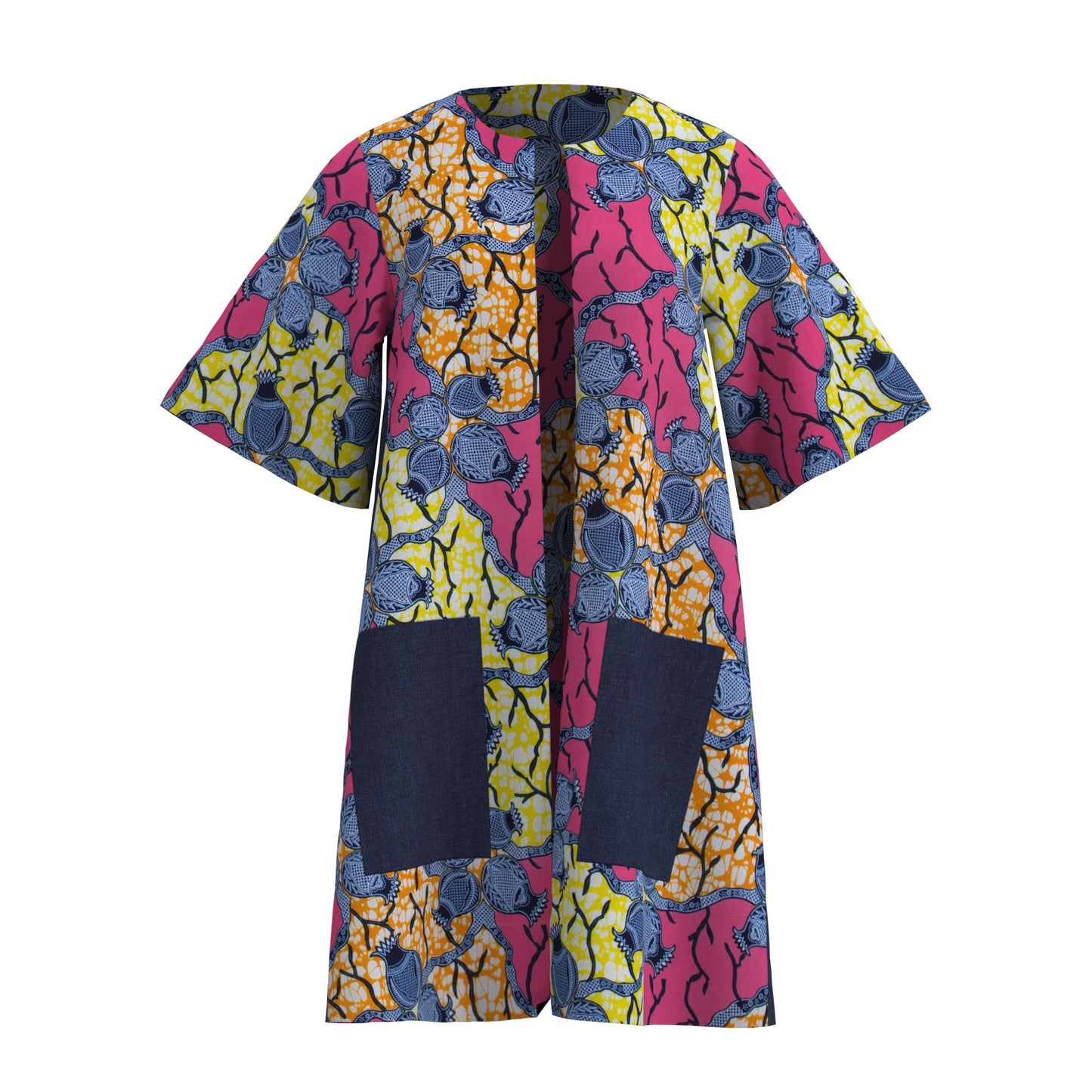 Women's African Print Long Kimono Jacket No-Button Loose Fit with Pockets Ankara Fashion Top