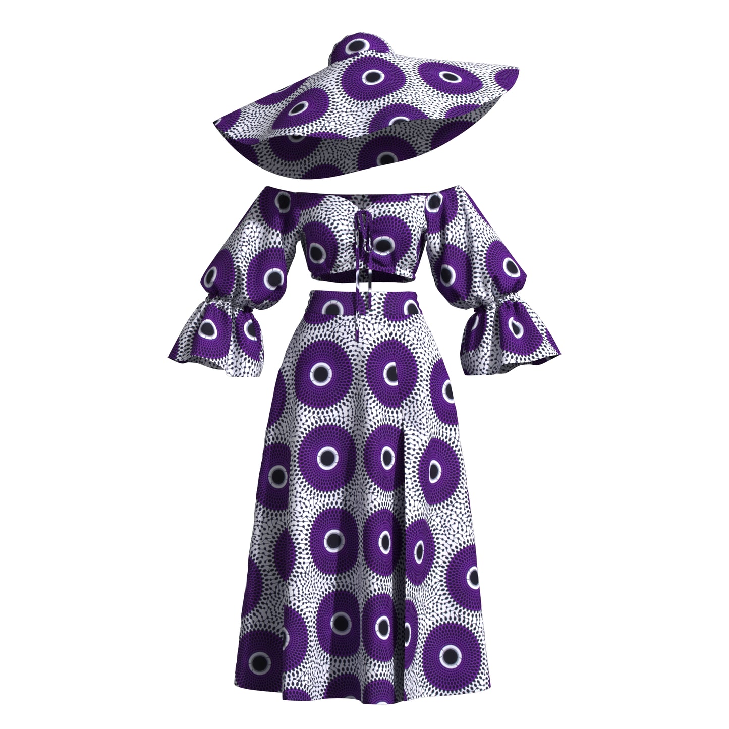 Vibrant African Wax Print Off-Shoulder Skirt Set with Wide Brim Hat – Afrocentric Circular Print Outfit