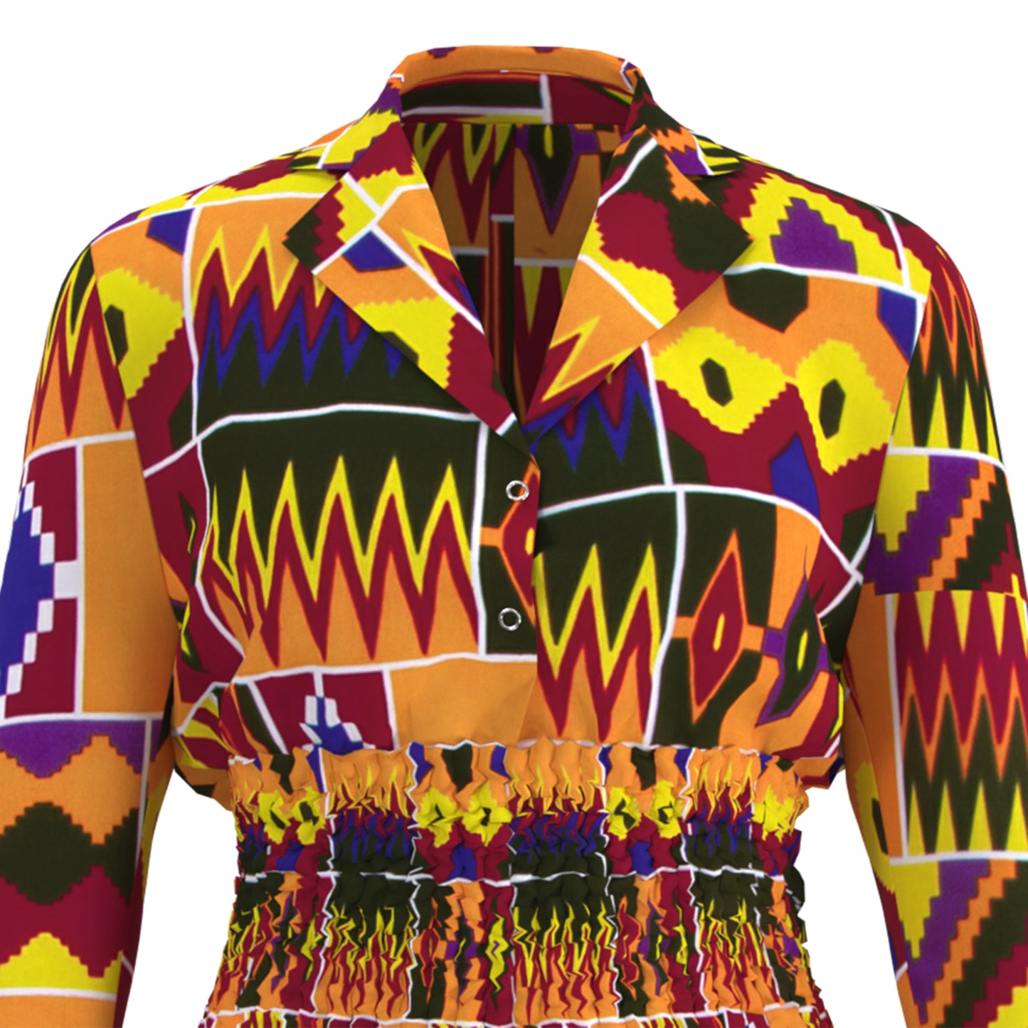 African Print Long Sleeve Shirt Collar Smocked Waist Dress