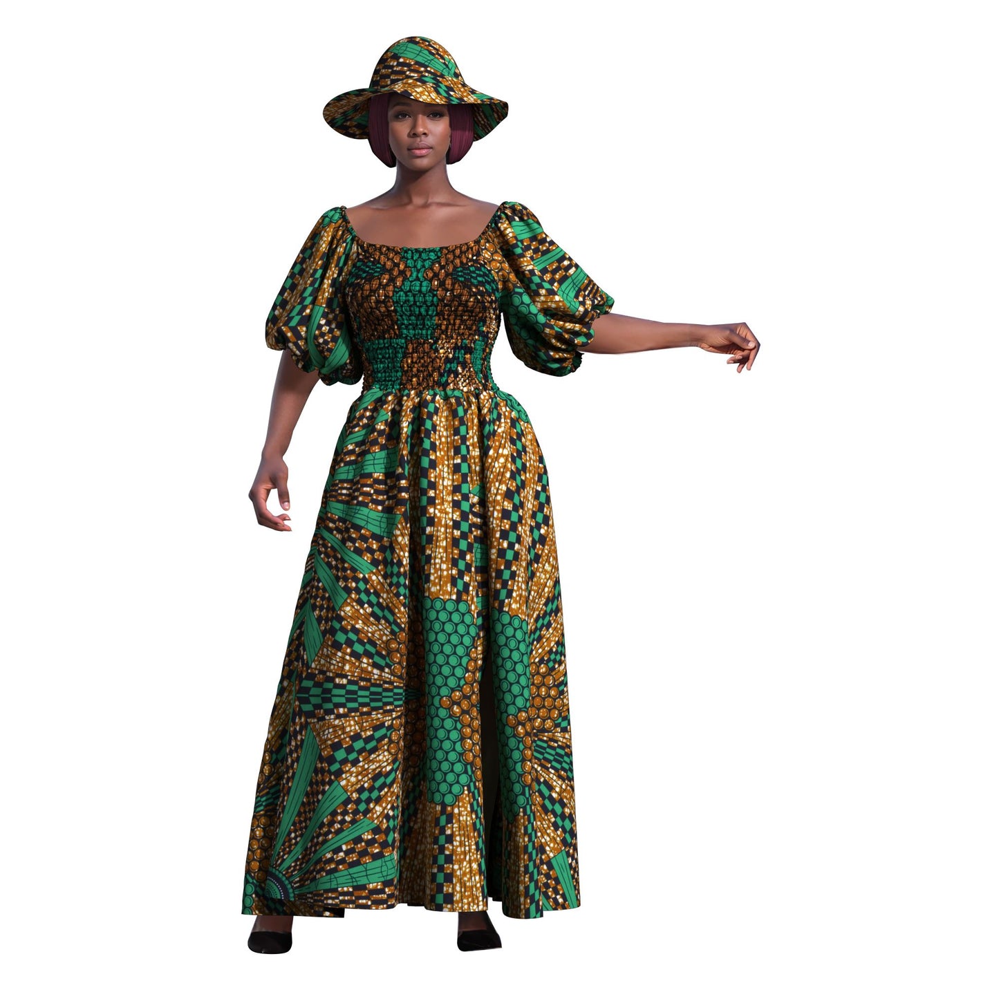 Elegant Cultural Print Maxi Dress with Puff Sleeves & Wide Brim Hat