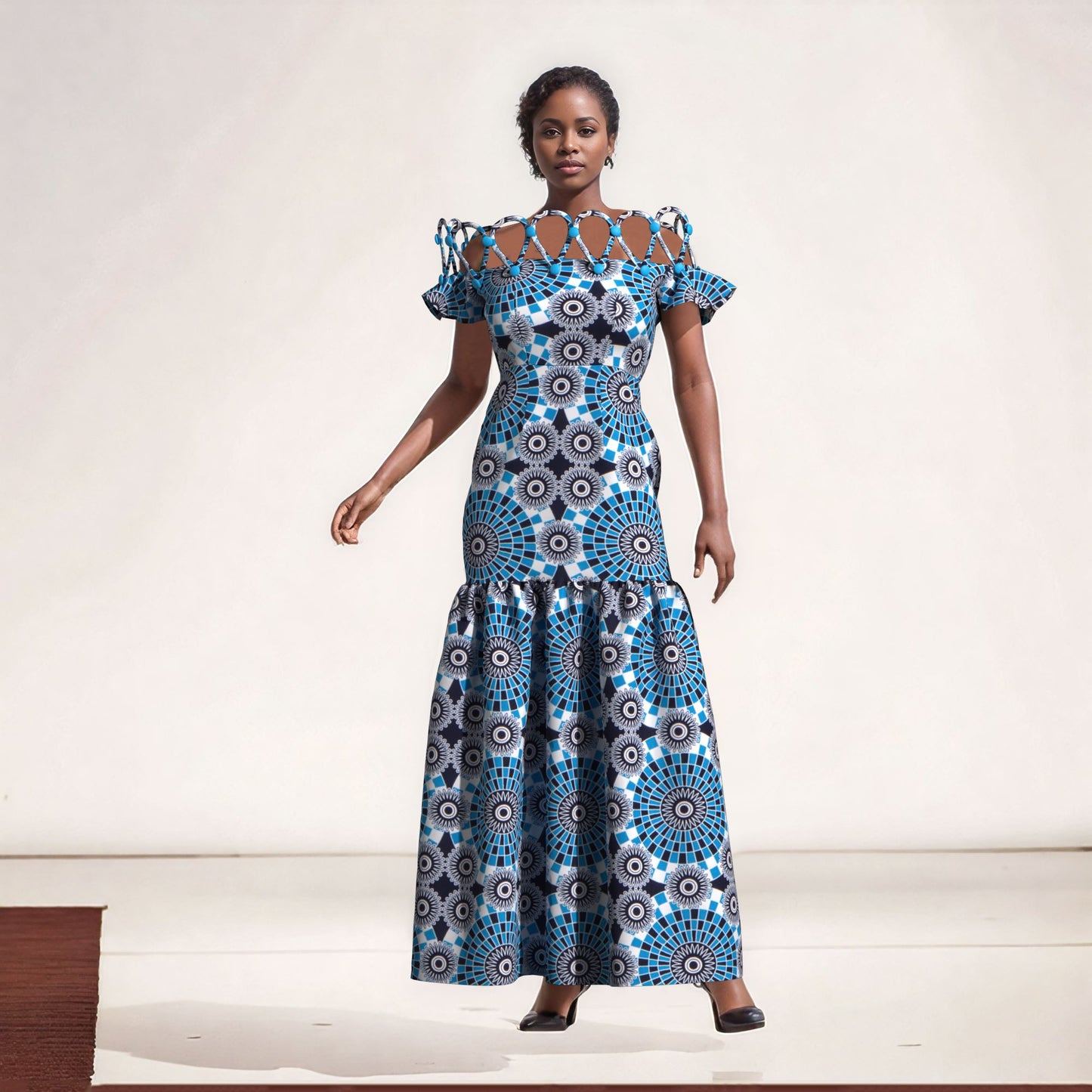 Women's African Print Off-Shoulder Maxi Dress | Rope Strap Detail | Ankara Ruffled Hem Gown